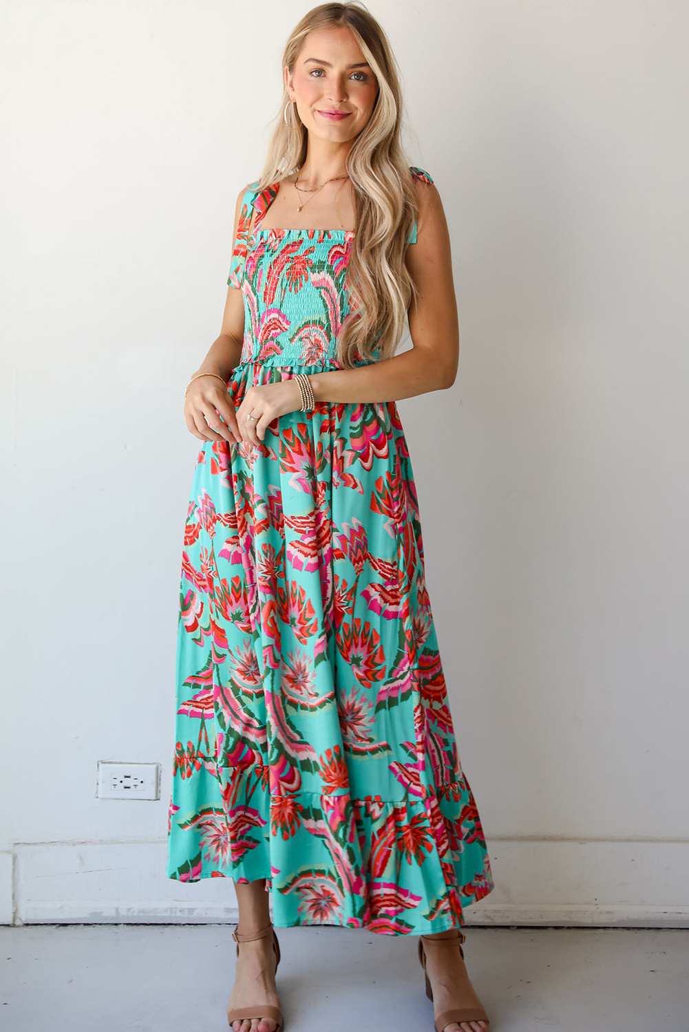 Green Abstract Print Smocked Bodice Knotted Straps Ruffled Maxi Dress - loveforevers