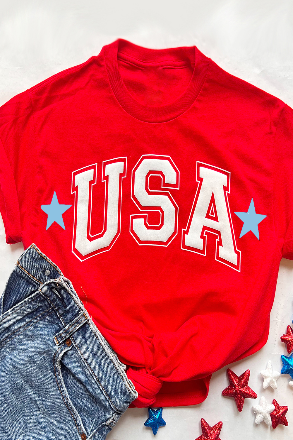 Red Star USA Print Crewneck Patriotic T Shirt - loveforevers