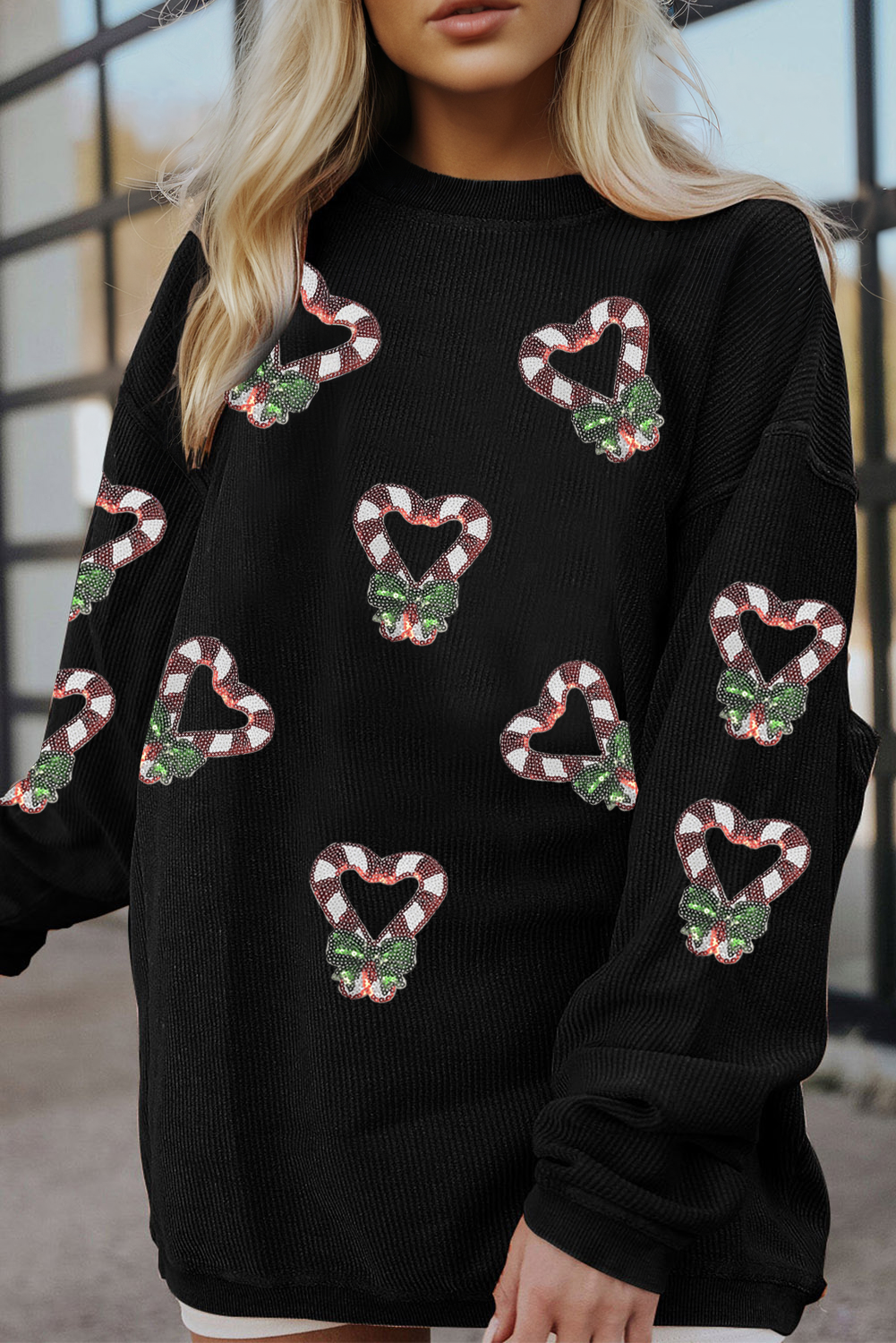 Black Sequin Christmas Candy Cane Heart Graphic Drop Shoulder Ribbed Sweatshirt - loveforevers