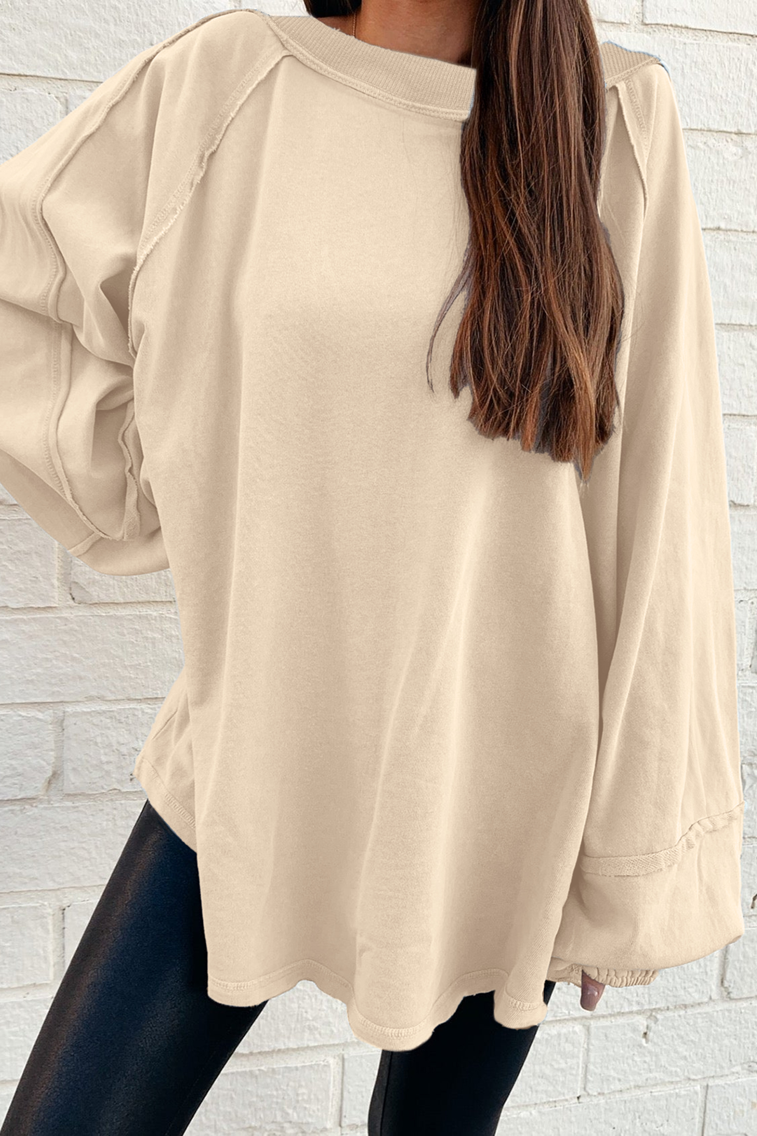 Beige Solid Color Raw Seam Patchwork Baggy Sweatshirt - loveforevers