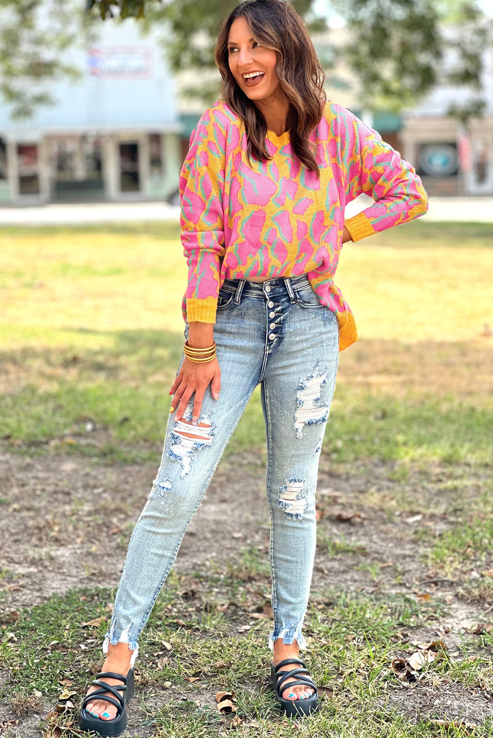 Green Abstract Print Ribbed Trim Baggy Sweater - loveforevers