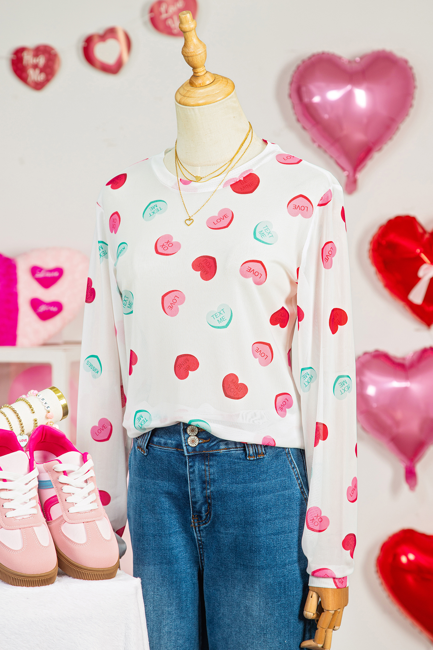 White Sheer Mesh Valentines Slogan Heart Printed Long Sleeve Top - loveforevers