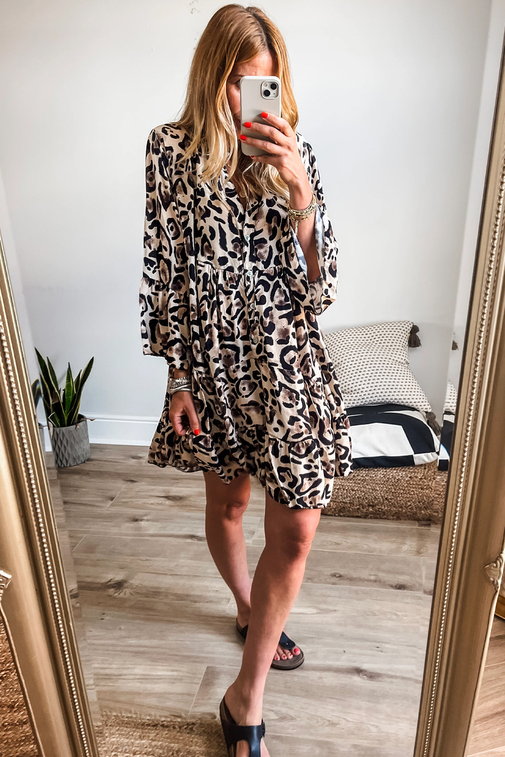 Khaki Leopard Print Buttoned Front 3/4 Sleeve Tiered Ruffled Hem Dress - loveforevers
