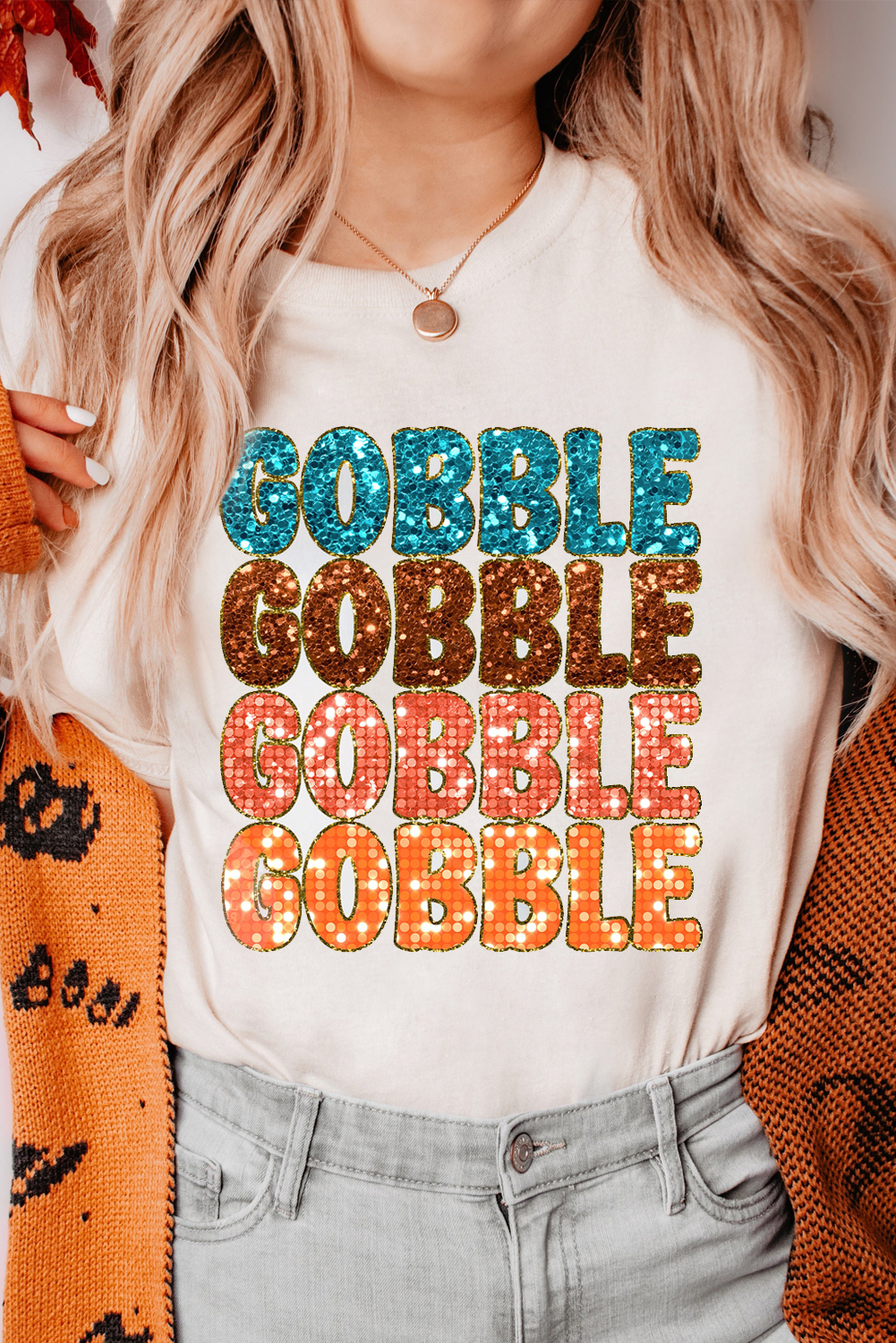 White Heat Transfer GOBBLE Graphic Crewneck Thanksgiving T Shirt - loveforevers
