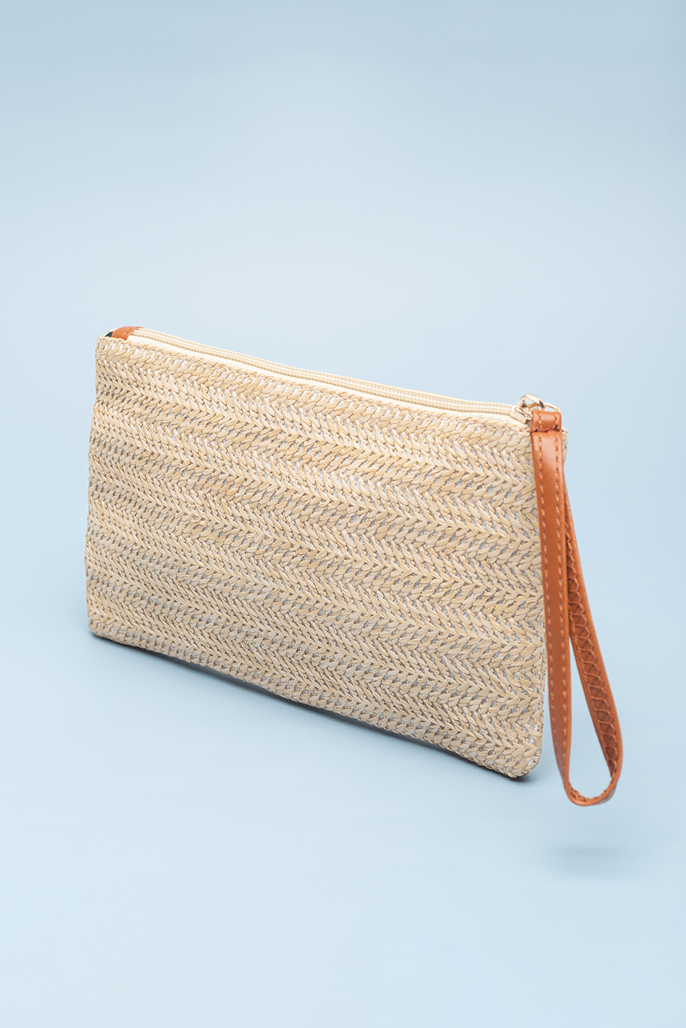 Oatmeal Straw Woven Wrist Strap Zipper Large Wallet - loveforevers
