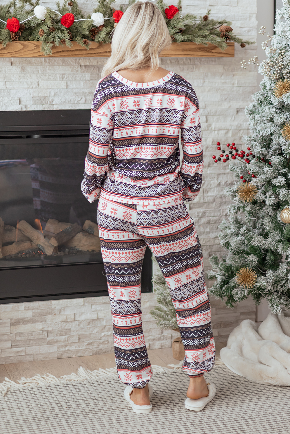 Black Retro Christmas Pattern Loose Pullover 2pcs Lounge Pant Set - loveforevers