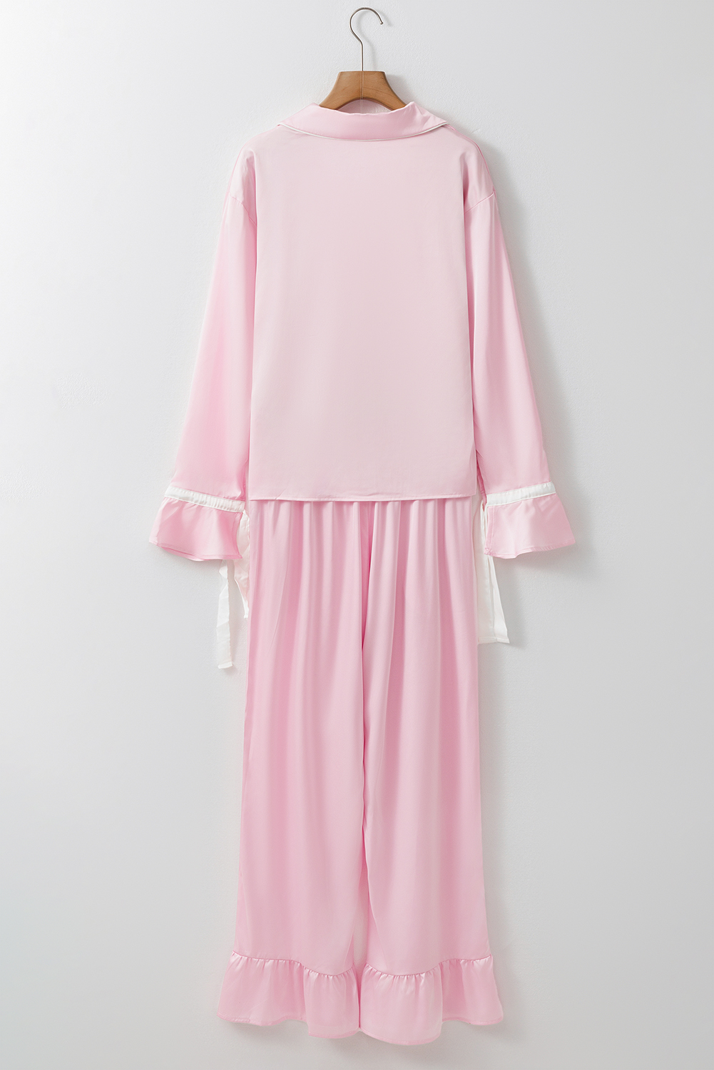 Light Pink Satin Knot Accent Shirt and Ruffled Pants Lounge Set - loveforevers