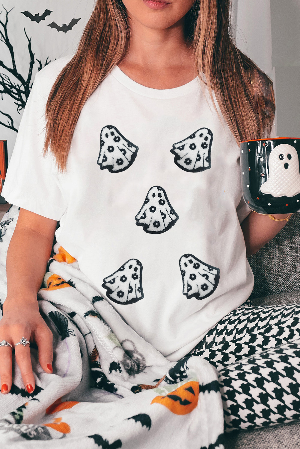 White Playful Ghost Patched Cotton Blend T Shirt - loveforevers