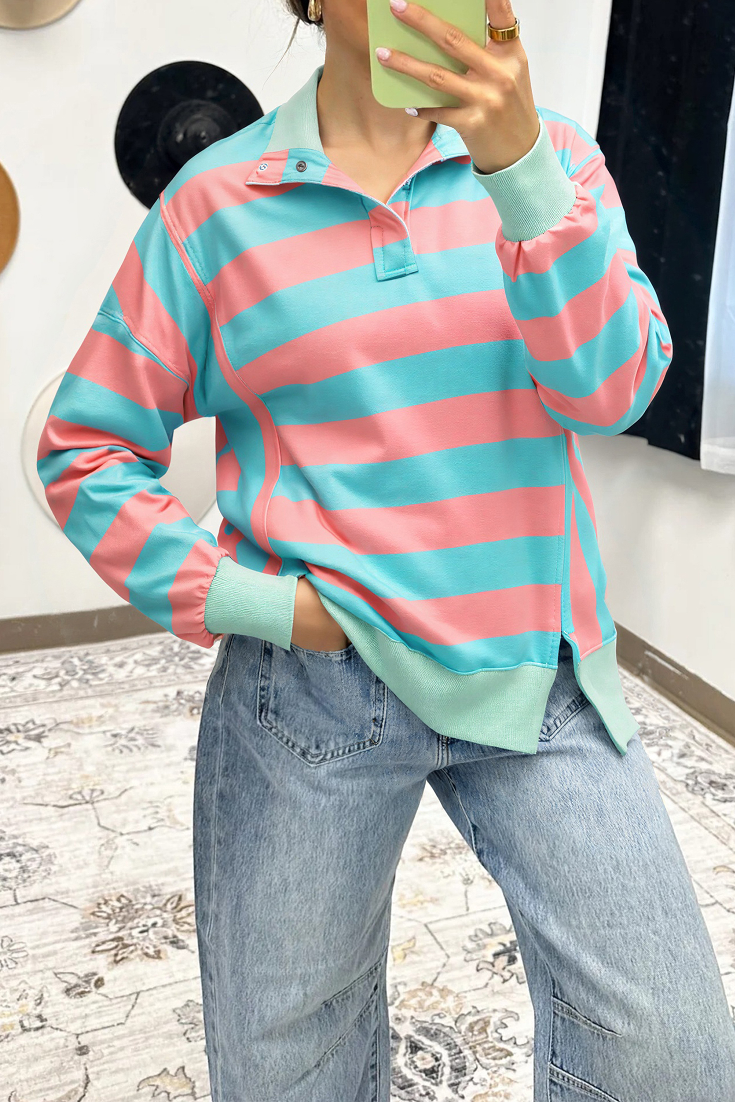 Pink Stripe Colorblock Drop Shoulder Buttoned Collar Side Slit Pullover Top - loveforevers