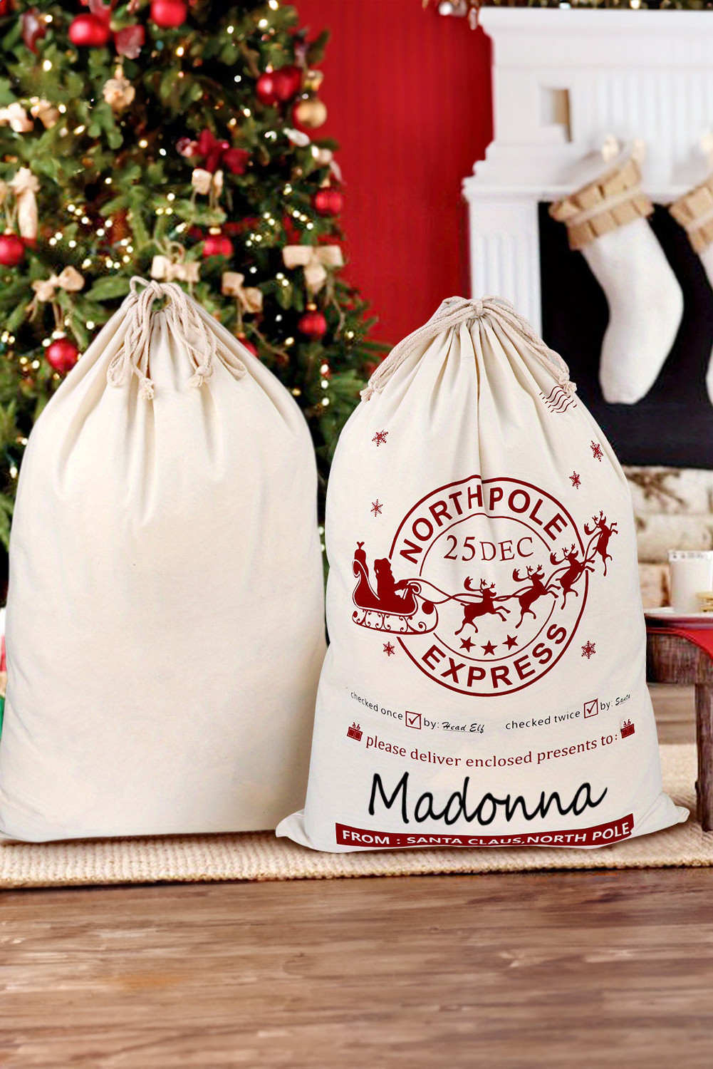 White Christmas Santa Claus Elk Letter Print Drawstring Gift Sack Bag - loveforevers