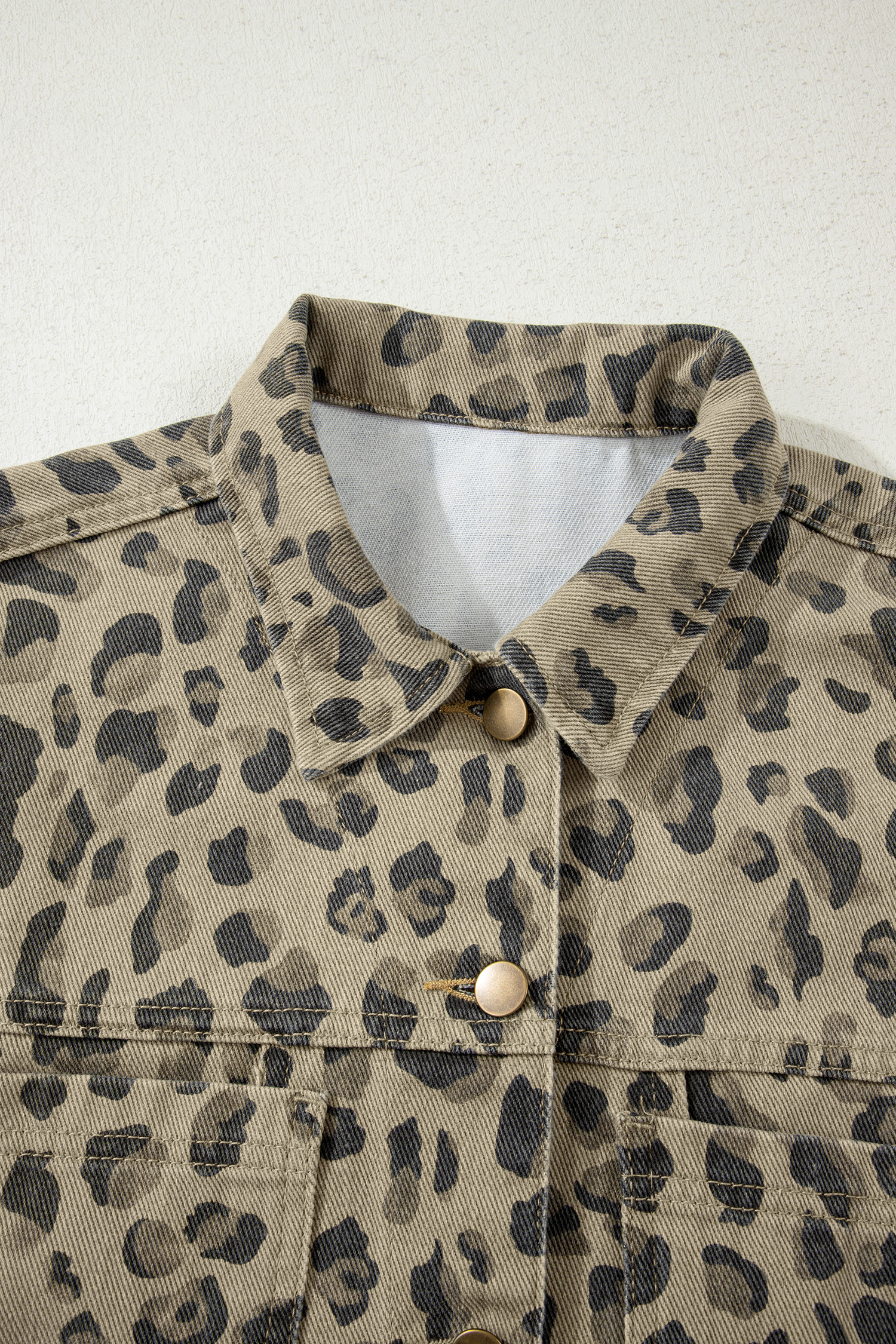 Khaki Retro Leopard Print Seam Detail Button Down Denim Jacket - loveforevers