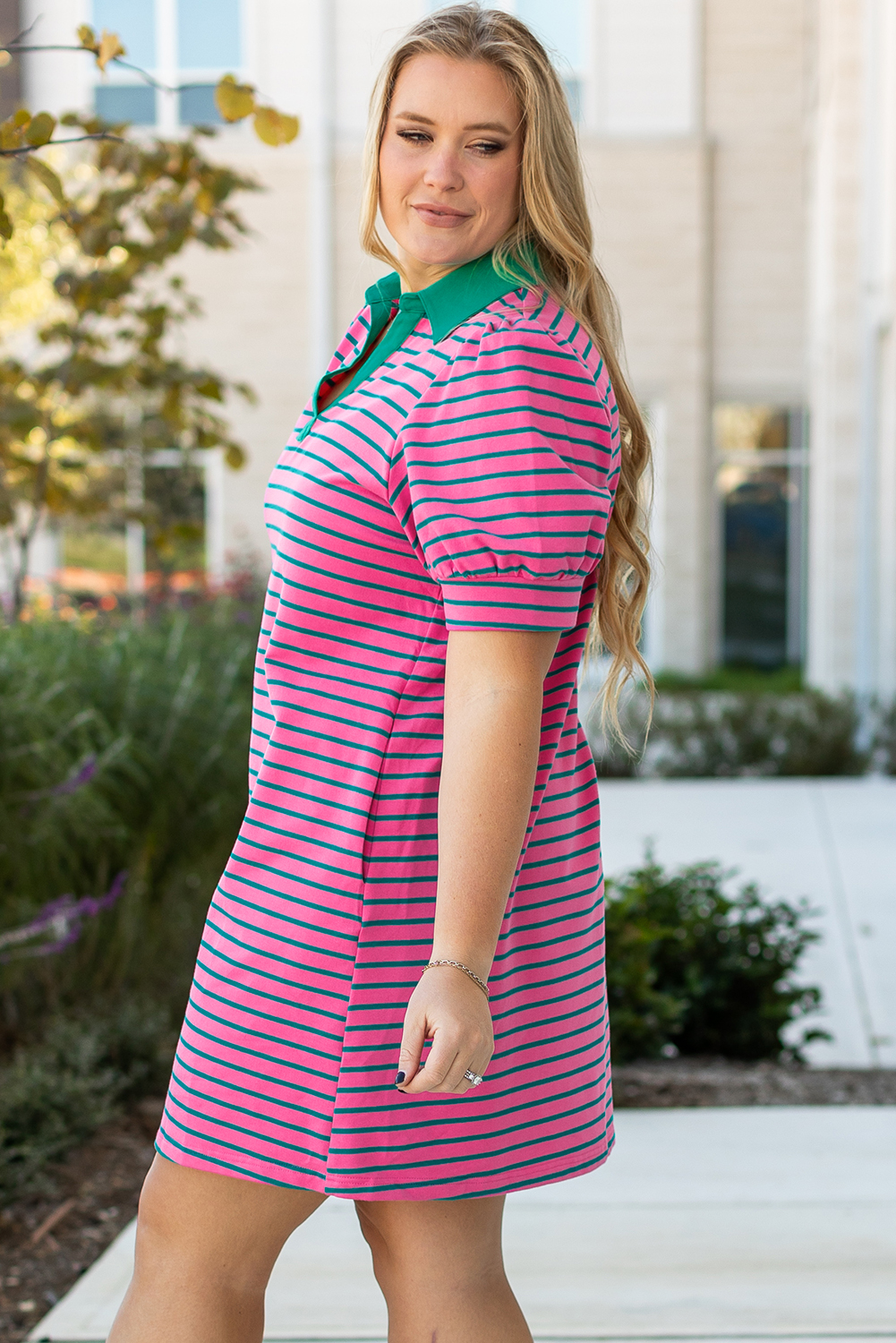 Pink Stripe Collared V Neck Puff Sleeve T Shirt Dress - loveforevers