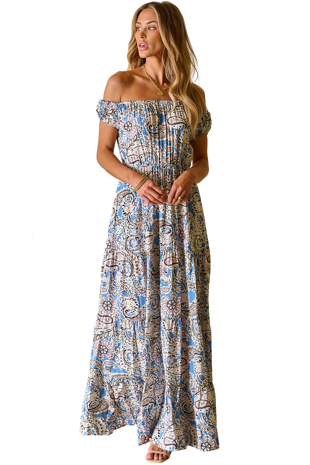 Blue Boho Paisley Print Off Shoulder Maxi Dress - loveforevers