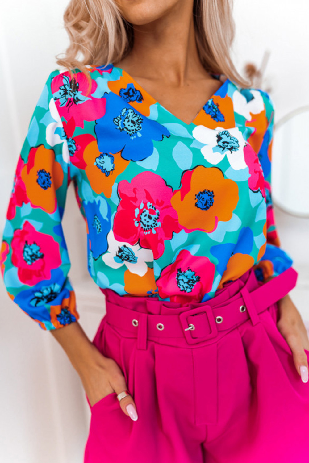 Multicolor Floral Print V Neck 3/4 Sleeve Blouse - loveforevers