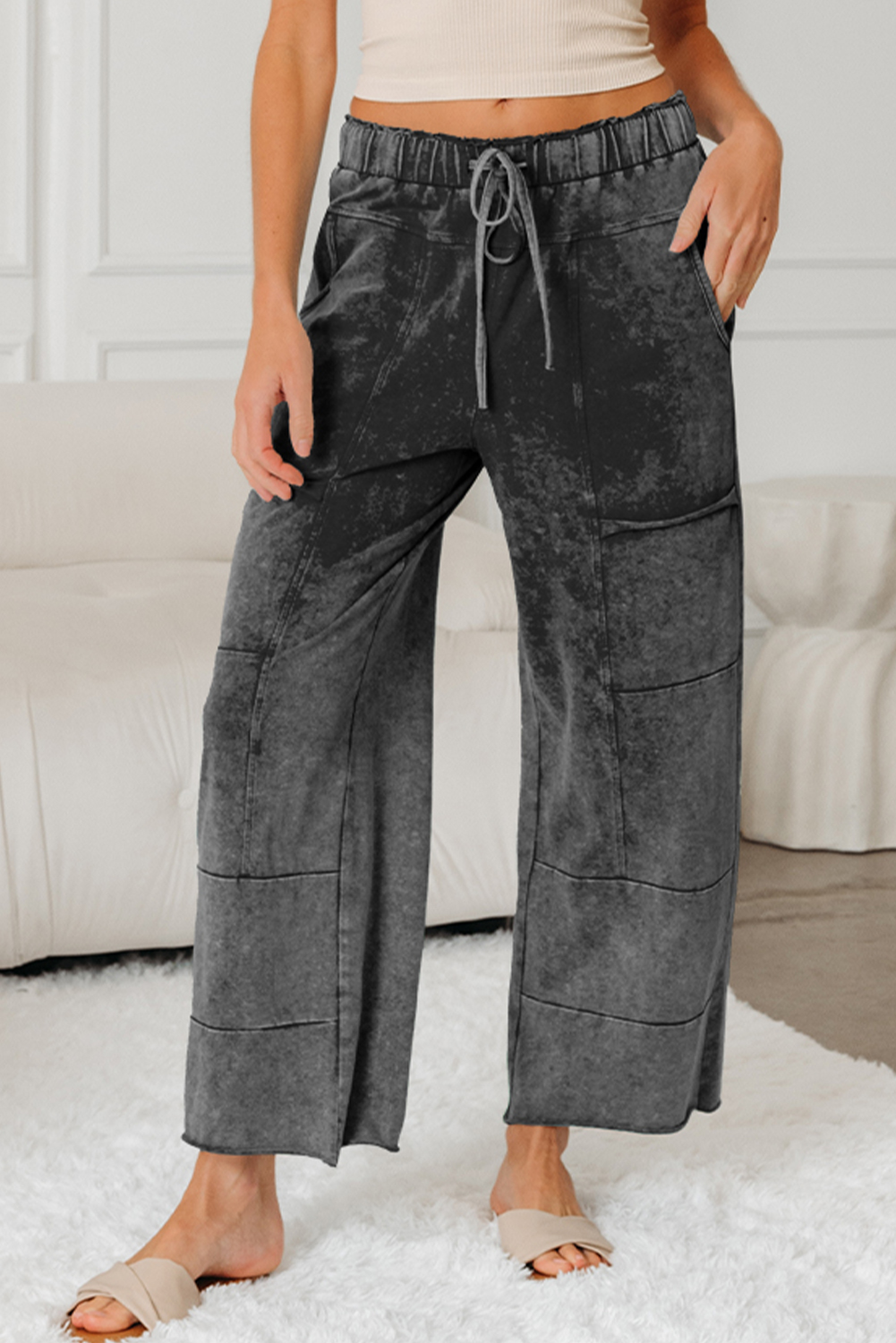 Lapis Mineral Wash Lace-up High Waist Raw Hem Patched Pocket Pants - loveforevers