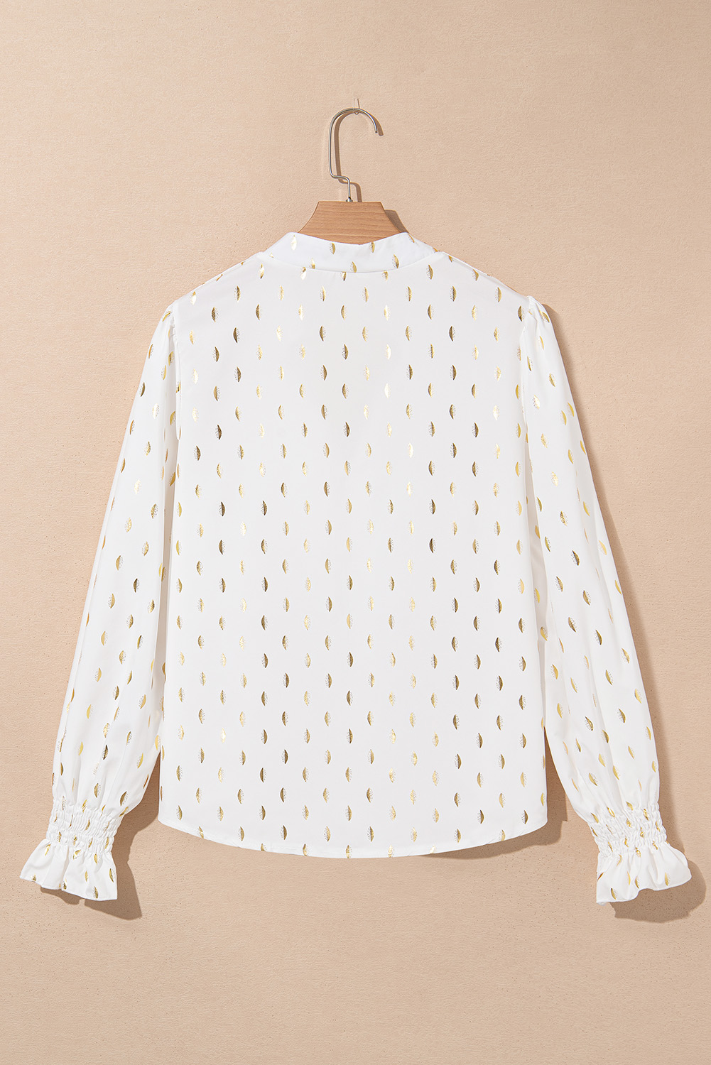 Beige Foil Crescent Print Notched Neck Flounce Sleeve Blouse - loveforevers