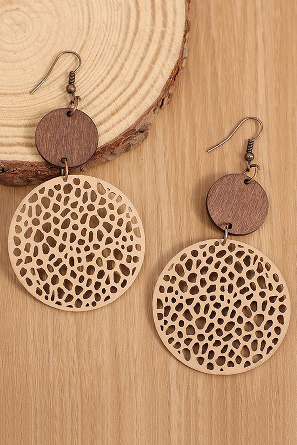 Khaki Hollow Out Wooden Round Drop Earrings - loveforevers