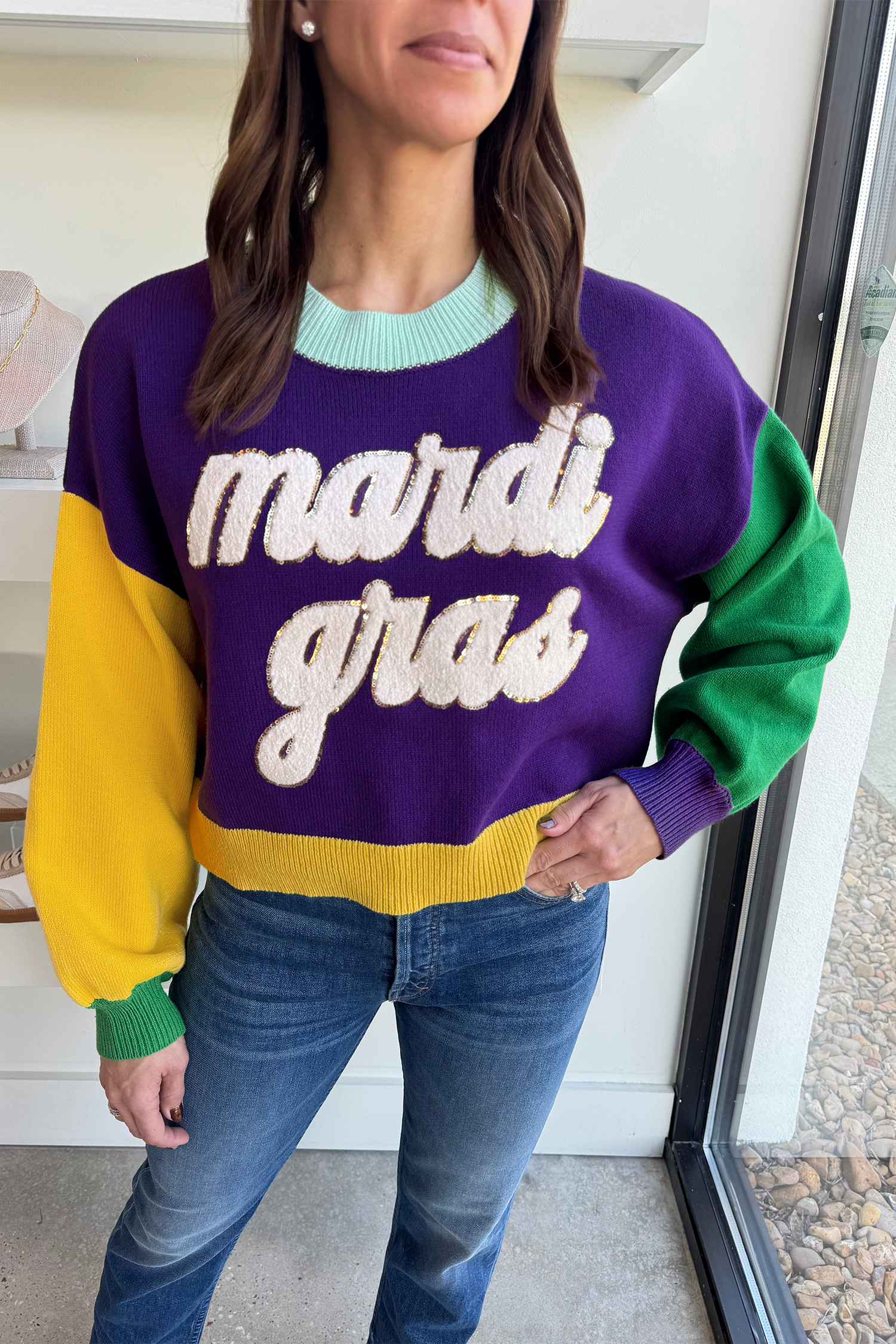 Tillandsia Purple Colorblock Patchwork Fuzzy Mardi Gras Graphic Sweater - loveforevers