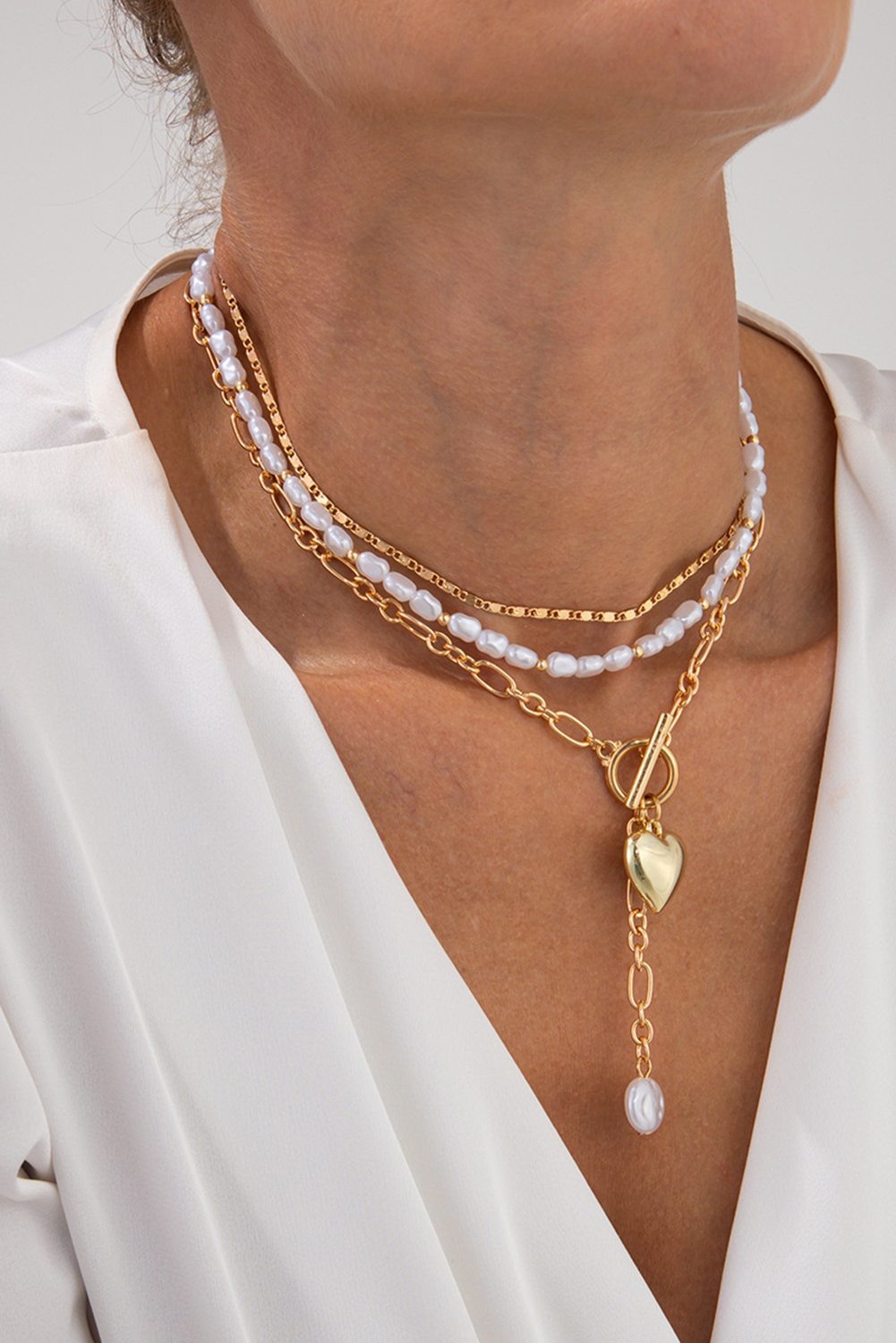 Gold Plated Heart Charm Pearl Chain Layered Necklace - loveforevers
