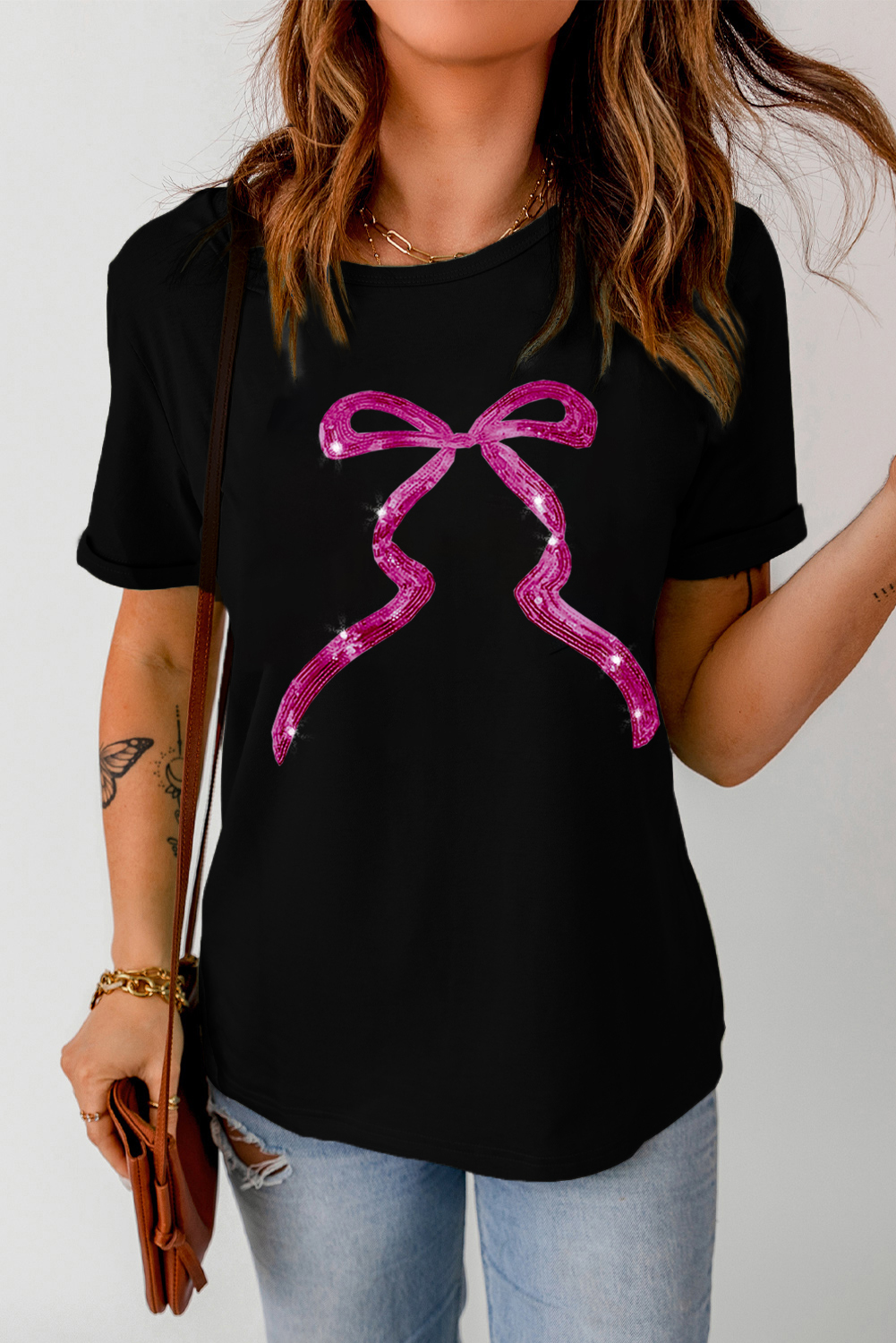 Black Sequin Bow Ribbon Graphic T Shirt - loveforevers