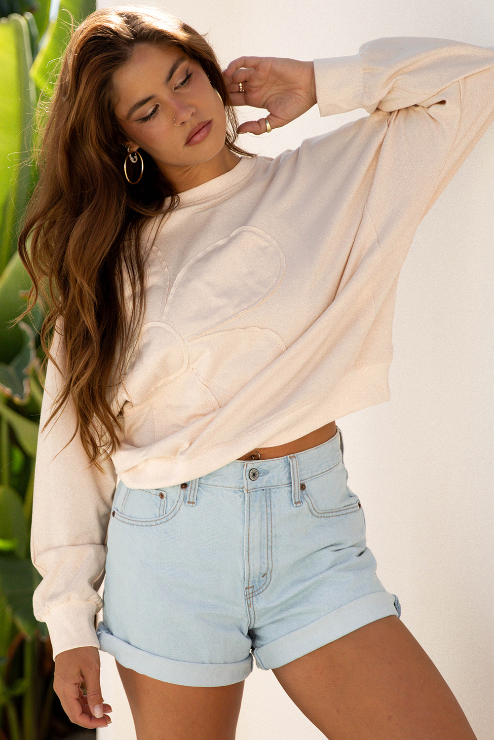 Beige Raw Edge Flower Patch Drop Shoulder Casual Top - loveforevers