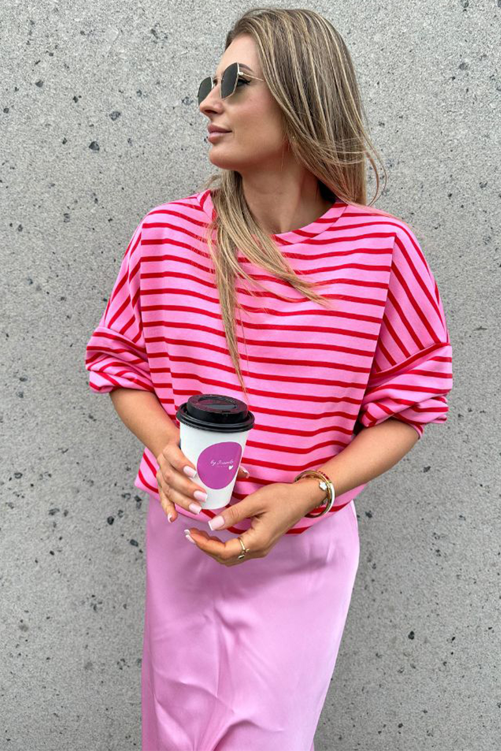 Sachet Pink Striped Print Crew Neck Drop Shoulder Sweatshirt - loveforevers