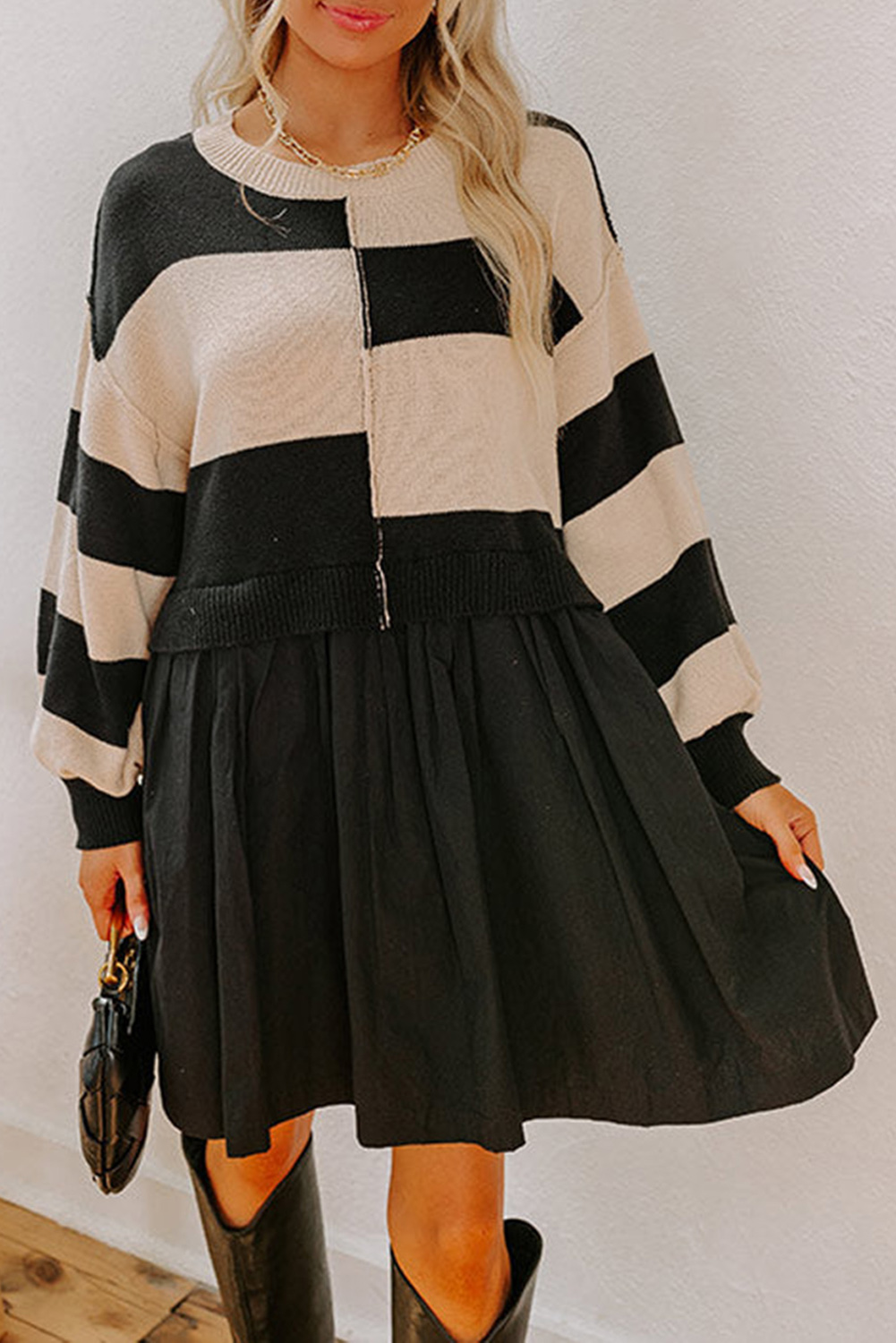 Black Stripe Two in One Knitted Top High Waist Splicing Hem Sweater Dress - loveforevers