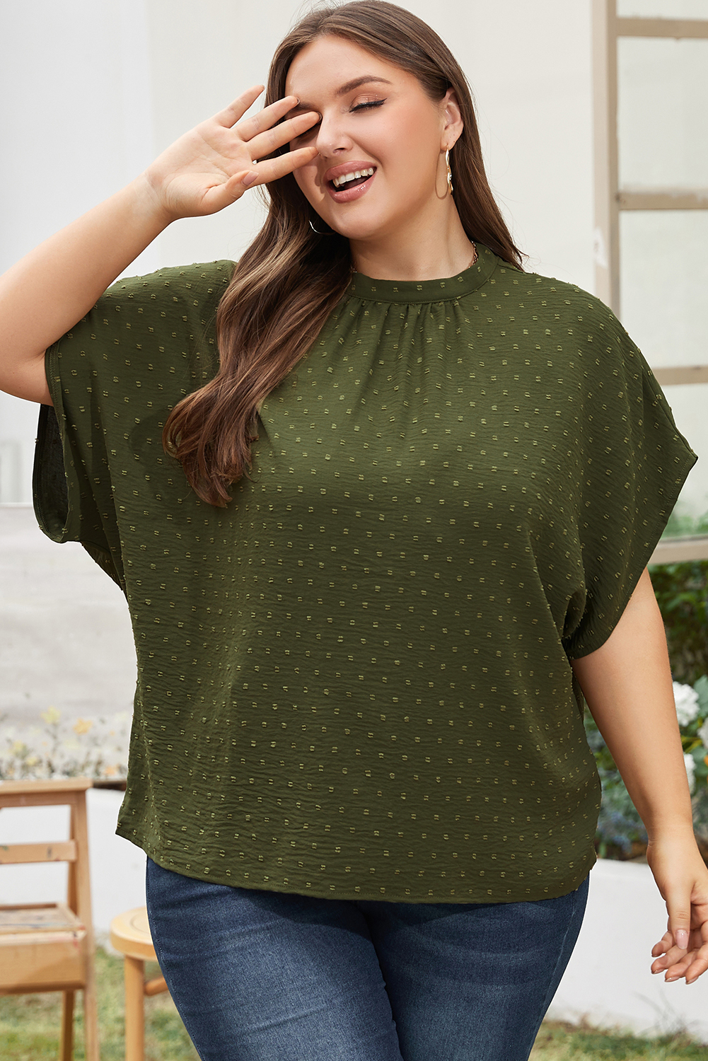 Moss Green Plus Size Swiss Dot Mock Neck Tied Nape Top - loveforevers