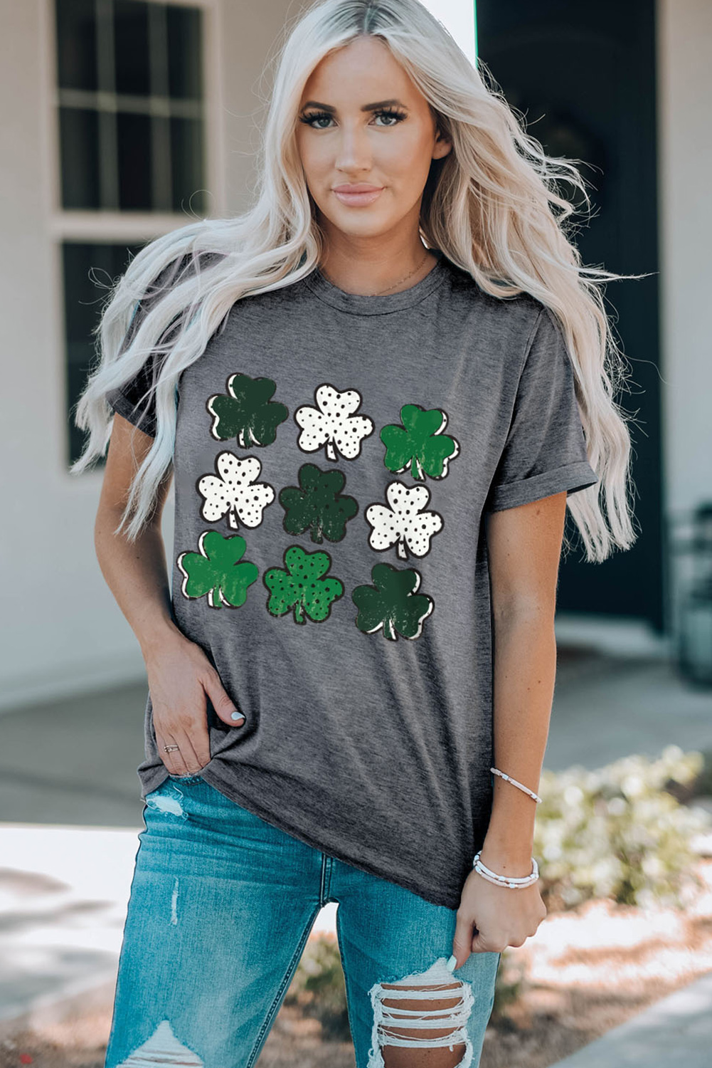 Black St. Patricks Lucky Clover Print O Neck T Shirt - loveforevers