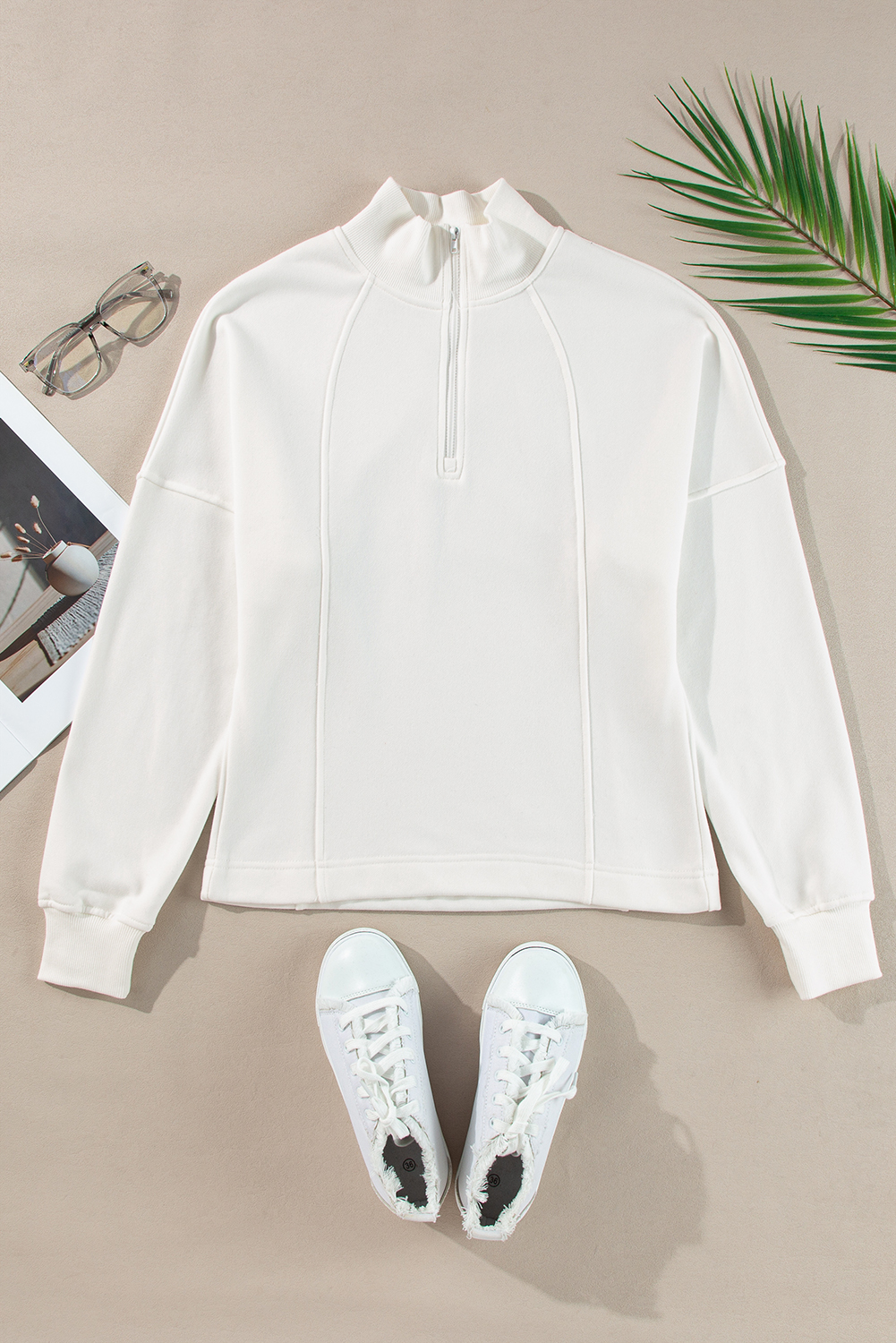 Fushia Zipped Neck Pullover Drop Shoulder Sweatshirt - loveforevers