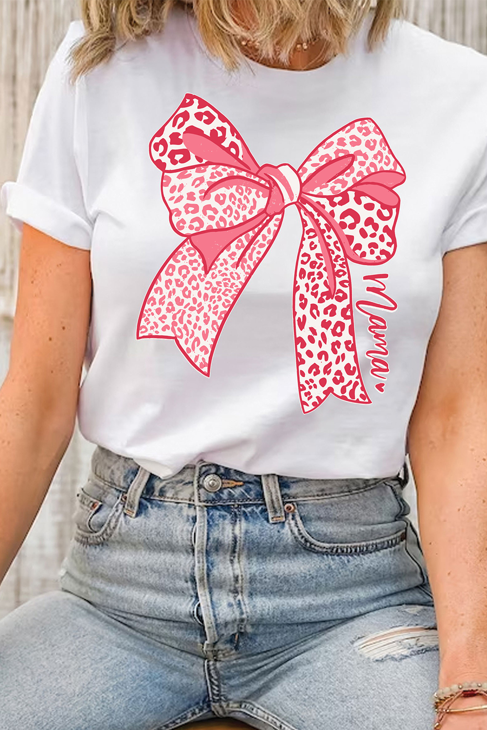 White Leopard Bow Graphic Mothers Day Fashion T Shirt - loveforevers