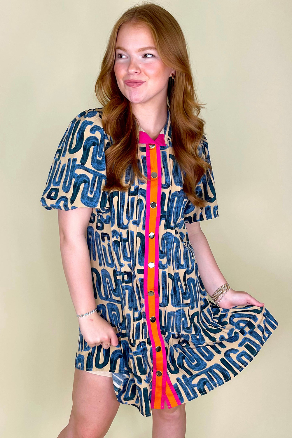 Beige Abstract Print Bubble Sleeve Button up Mini Dress - loveforevers