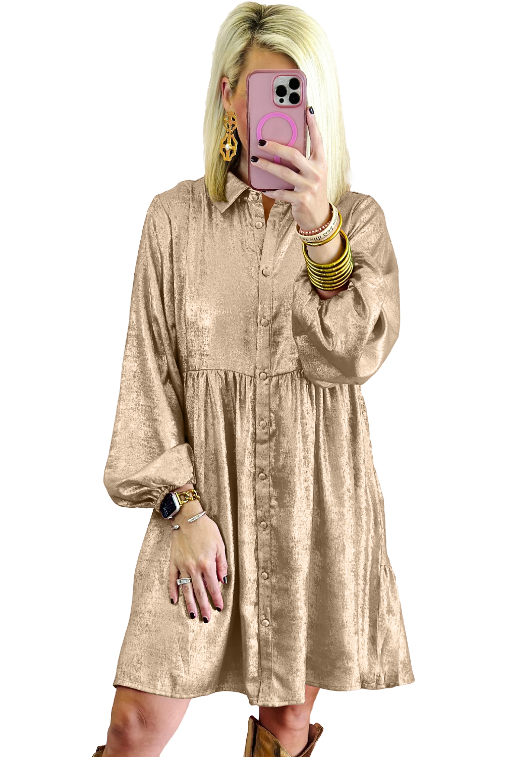 Dearlovers Gold Metallic Frilled V Neck Puff Sleeve Babydoll Blouse - loveforevers
