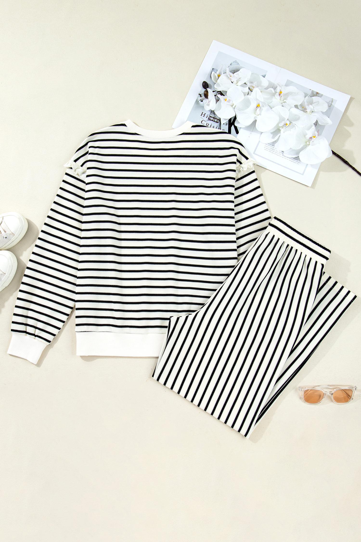 White Stripe Ruffle Trim Drop Shoulder Top Drawstring Loose Pant Set - loveforevers