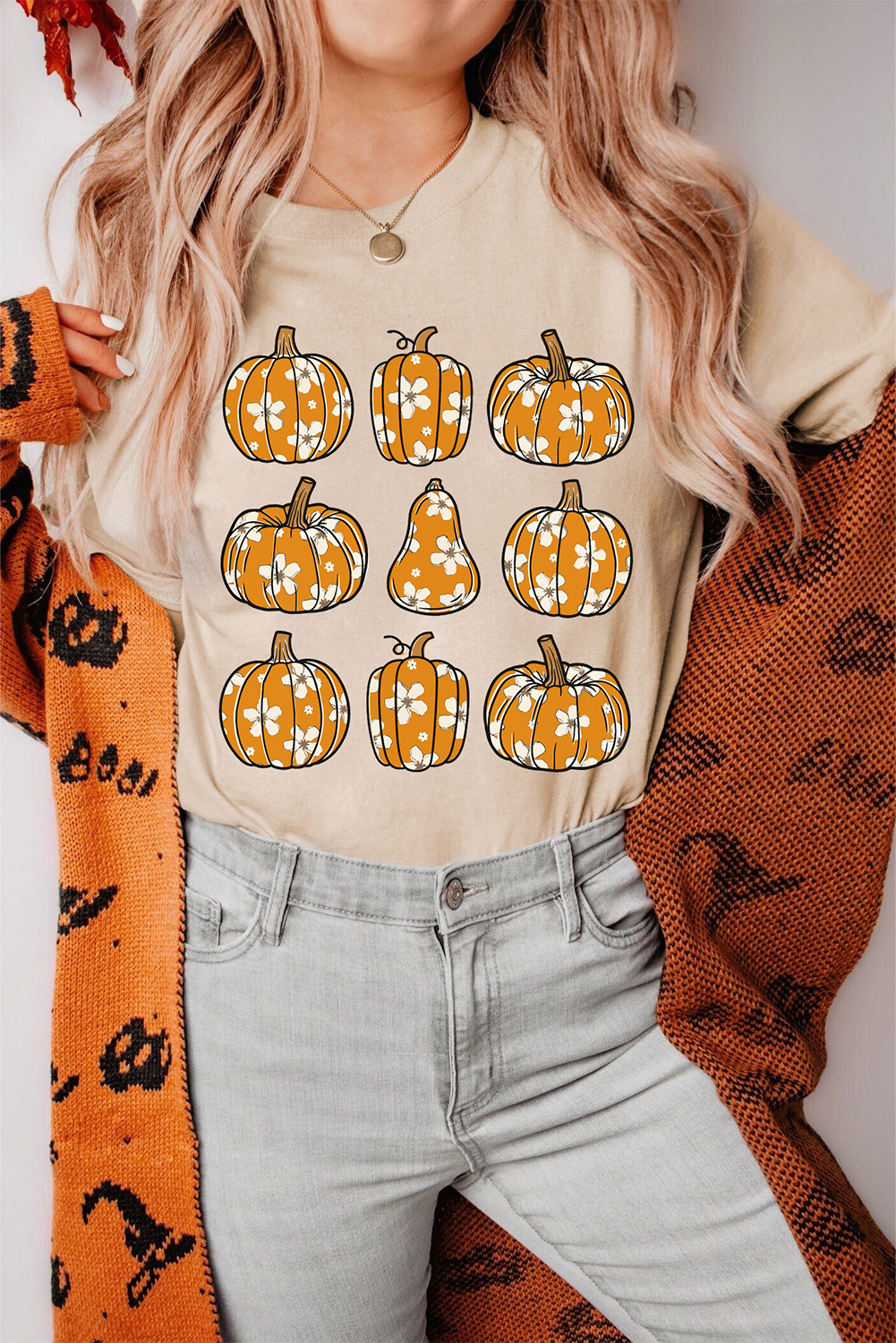 Khaki Floral Pumpkin Print Casual T Shirt - loveforevers