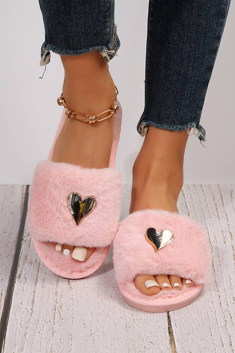 Pink Heart Shape Buckle Decor Open Toe Plush Slippers - loveforevers