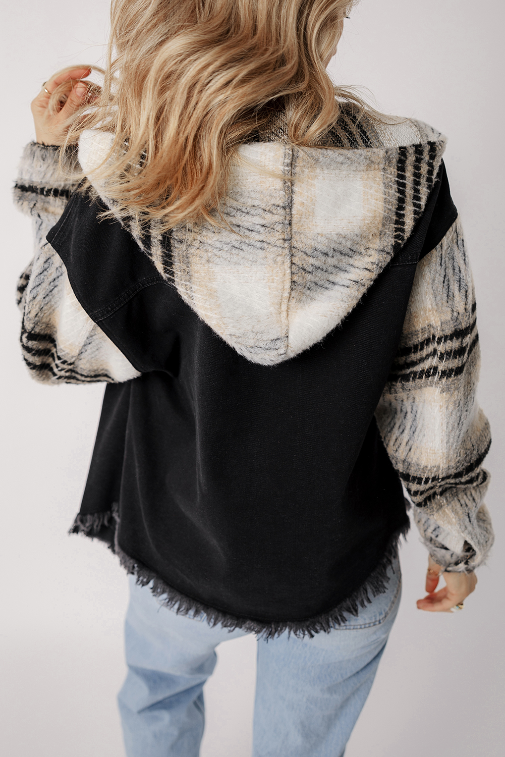 Black Plaid Sleeve Frayed Hem Hooded Denim Jacket - loveforevers
