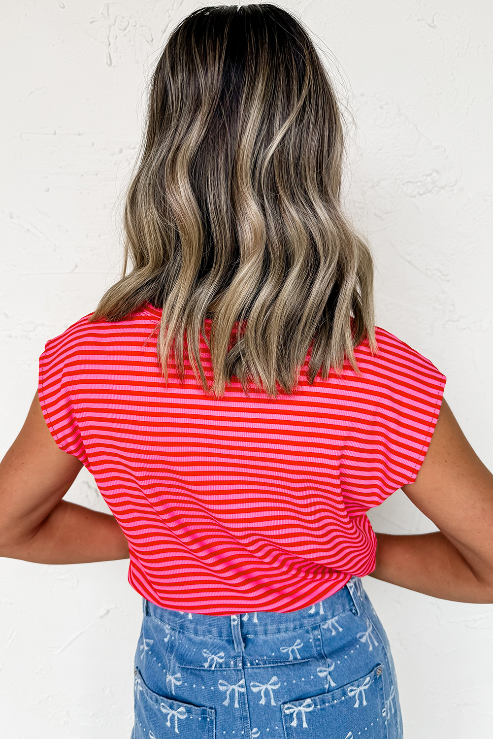 Sky Blue Stripe Ribbed Cap Sleeve Round Neck T Shirt - loveforevers