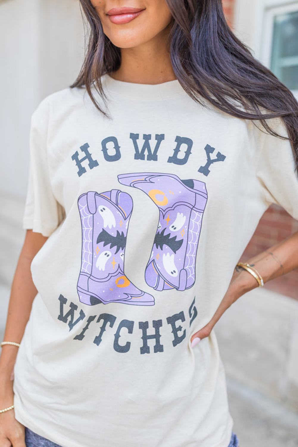 White HOWDY WITCHES Halloween Boots Crewneck T Shirt - loveforevers