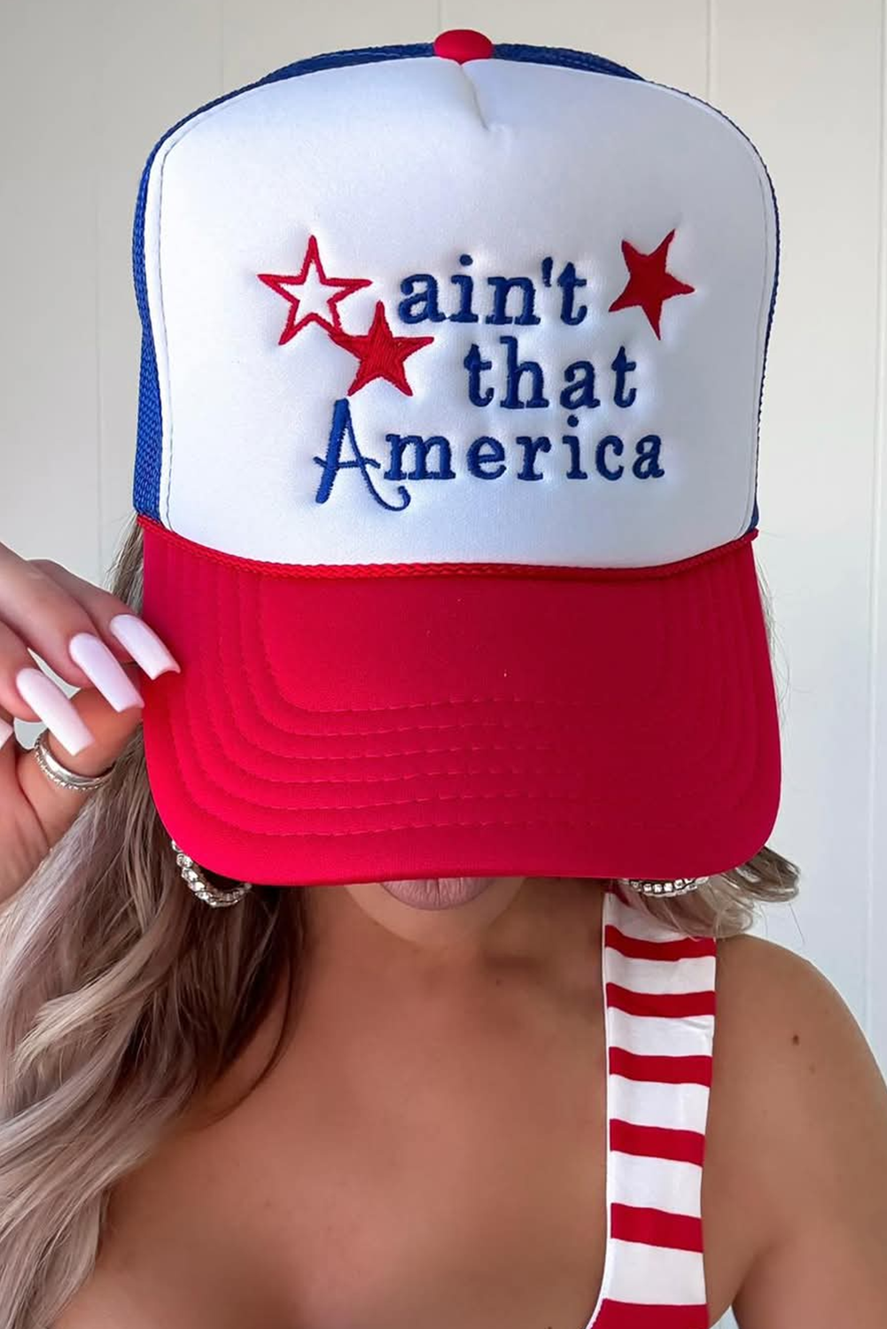 Fiery Red aint that America Embroidered Pattern Color Block Baseball Cap - loveforevers