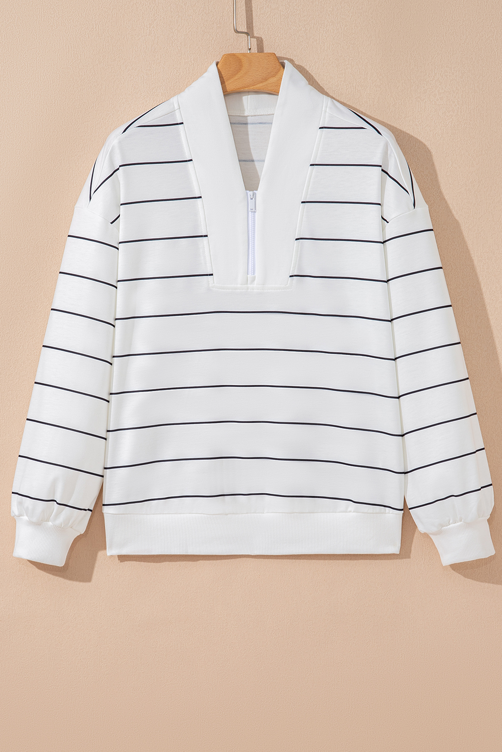 White Zip V Neck Casual Stripe Print Drop Shoulder Long Sleeve Top - loveforevers