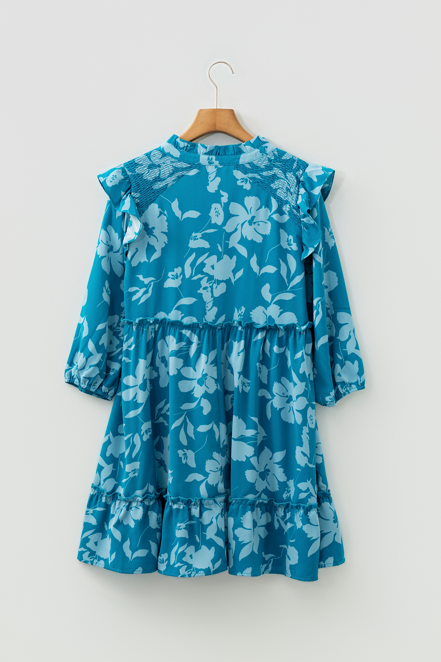 Blue Flower Half Sleeve Tiered Ruffled Mini Dress - loveforevers
