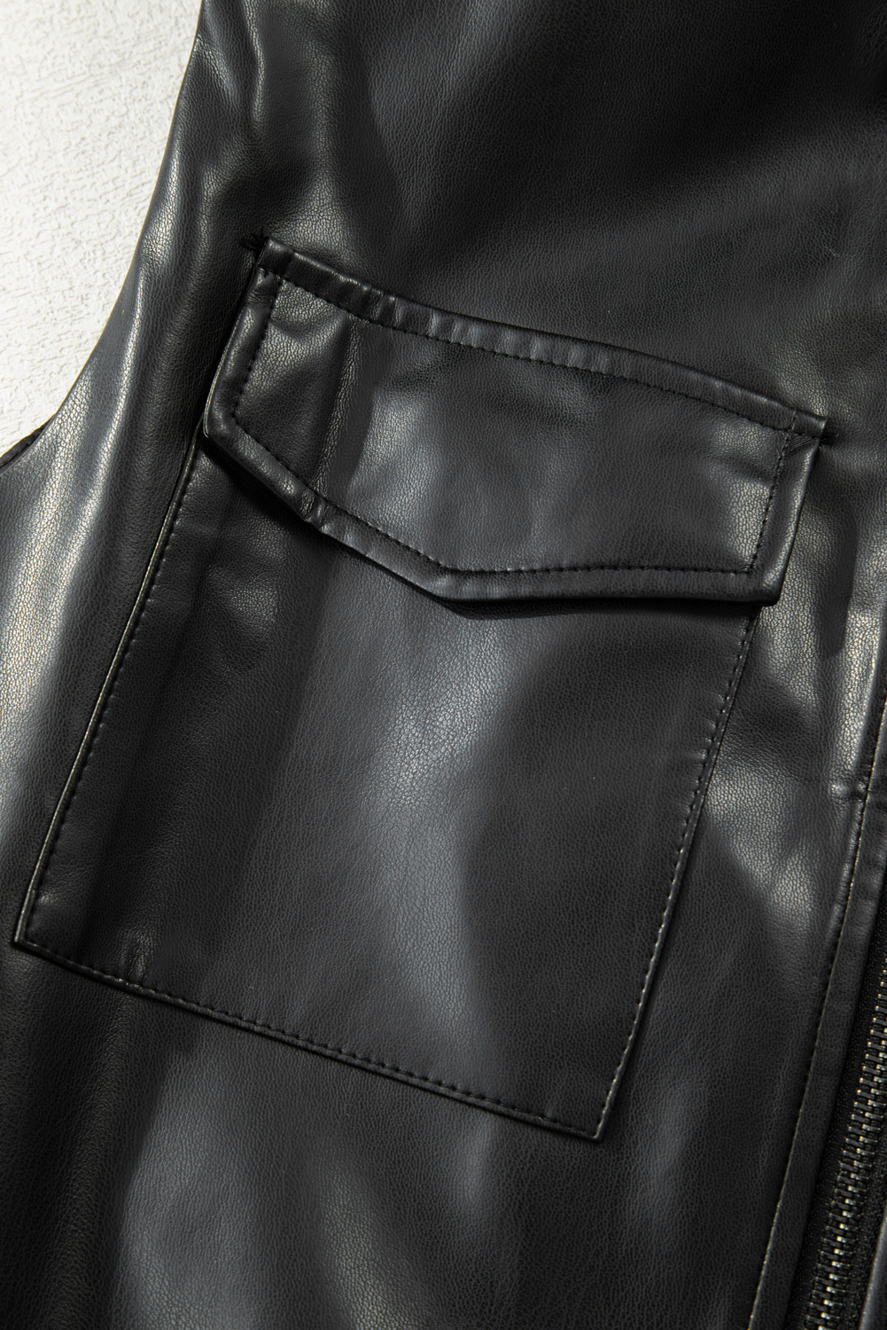Black Double Flap Pocket Faux Leather Zip Up Stand Neck Vest - loveforevers