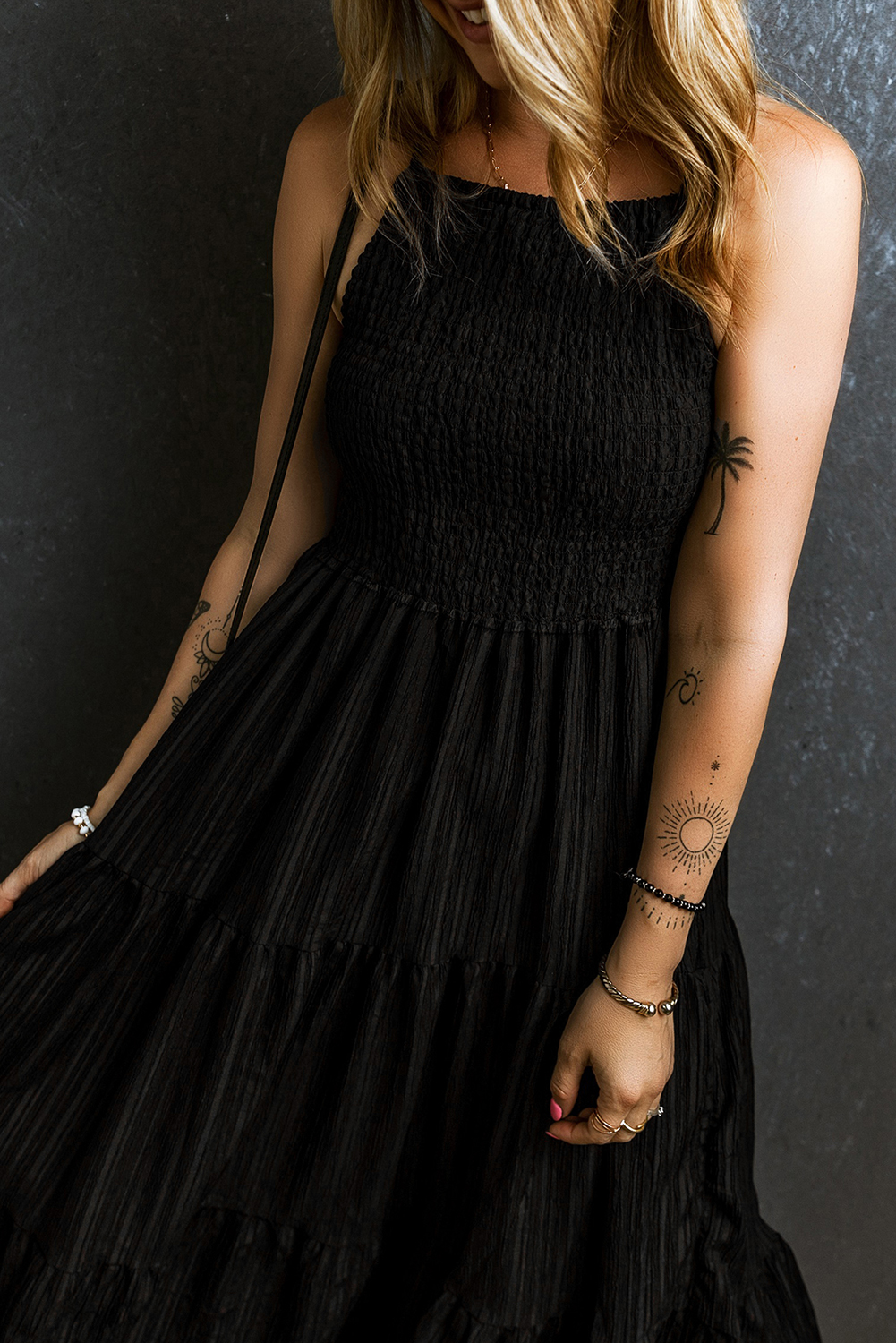 Black Spaghetti Straps Smocked Pleated Tiered Maxi Dress - loveforevers