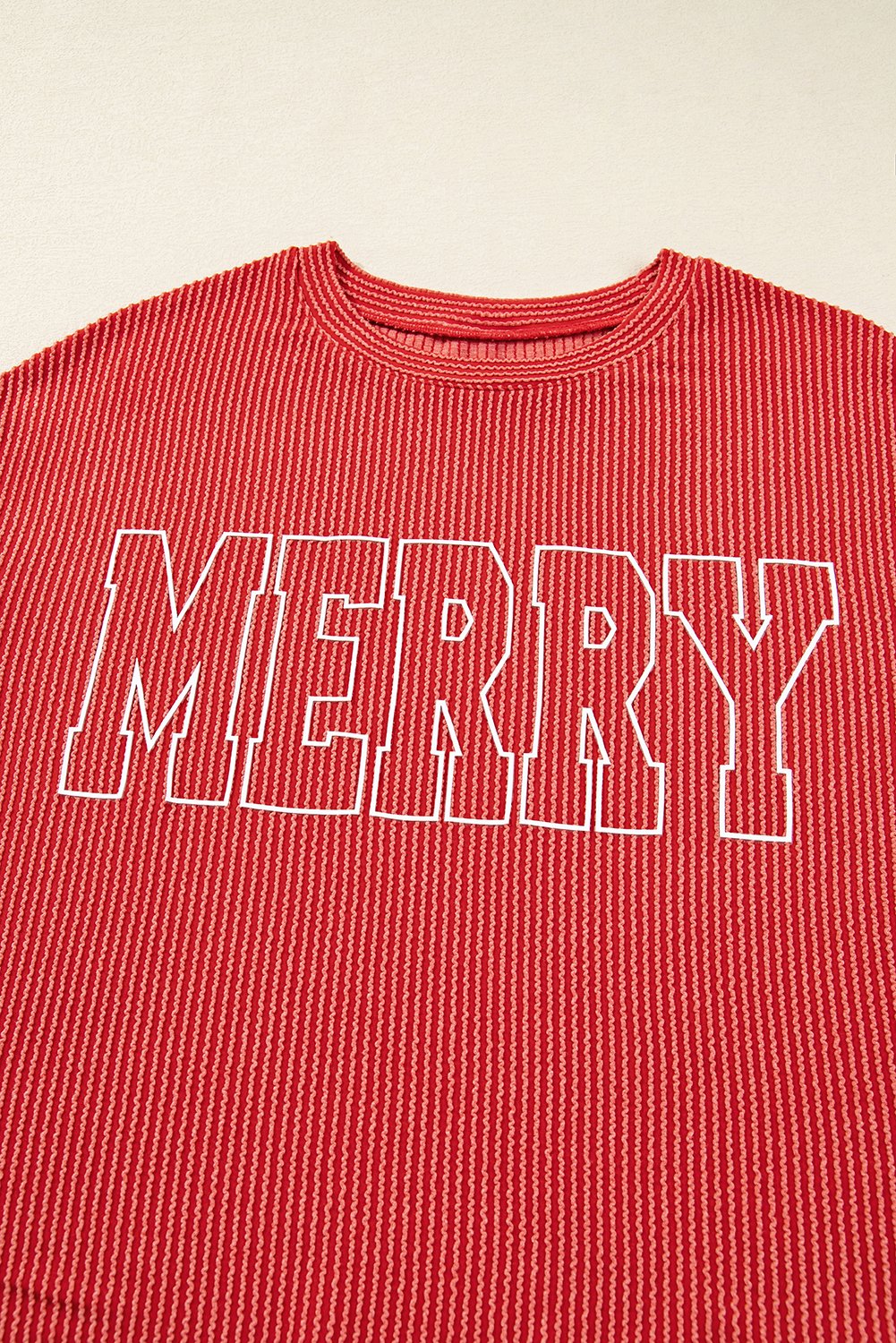 Evergreen Twisted Rib Outlined Merry Letter Graphic Loose Long Sleeve Top - loveforevers