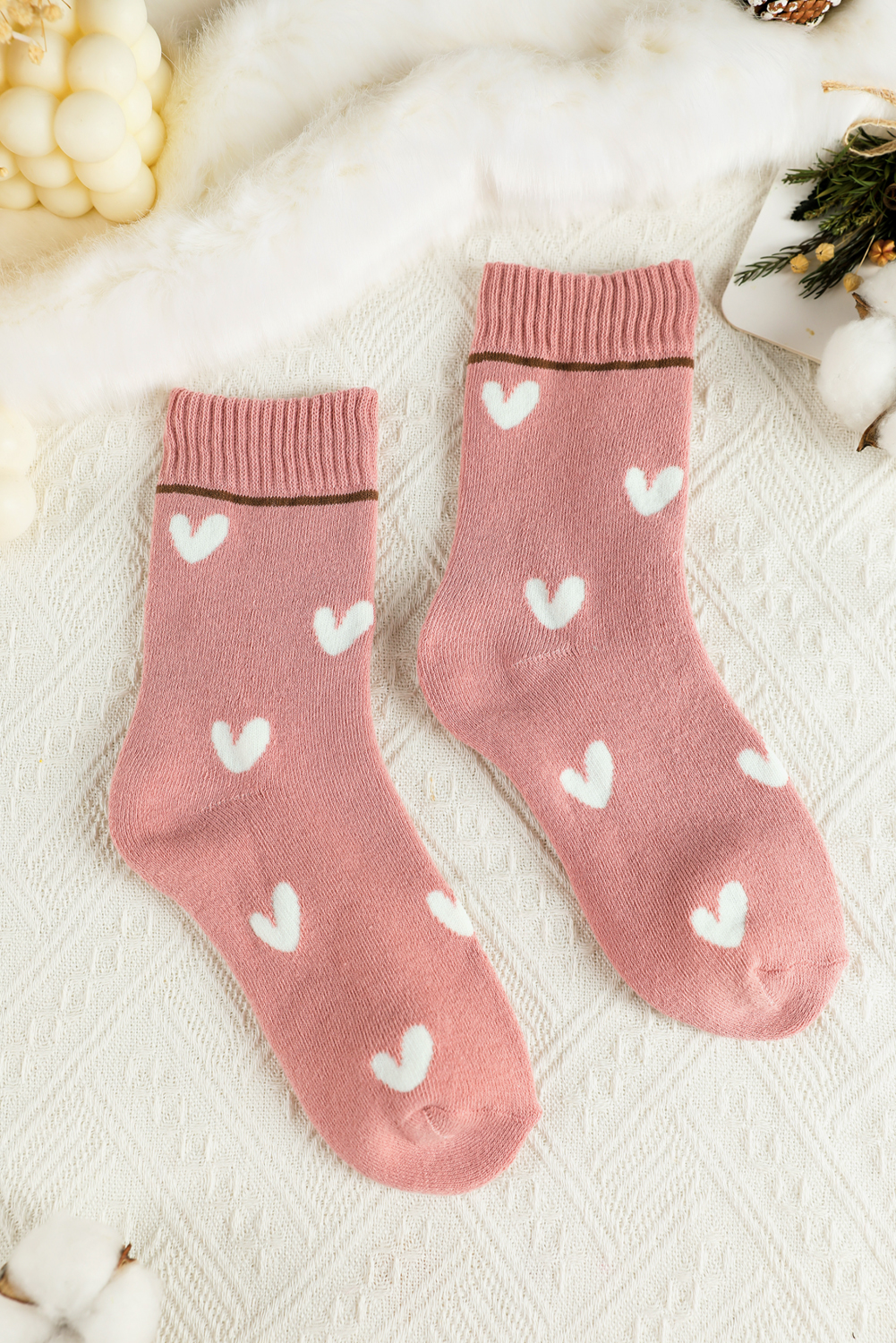 Pink Contrast Heart Print Ribbed Cuff Womens Crew Socks - loveforevers