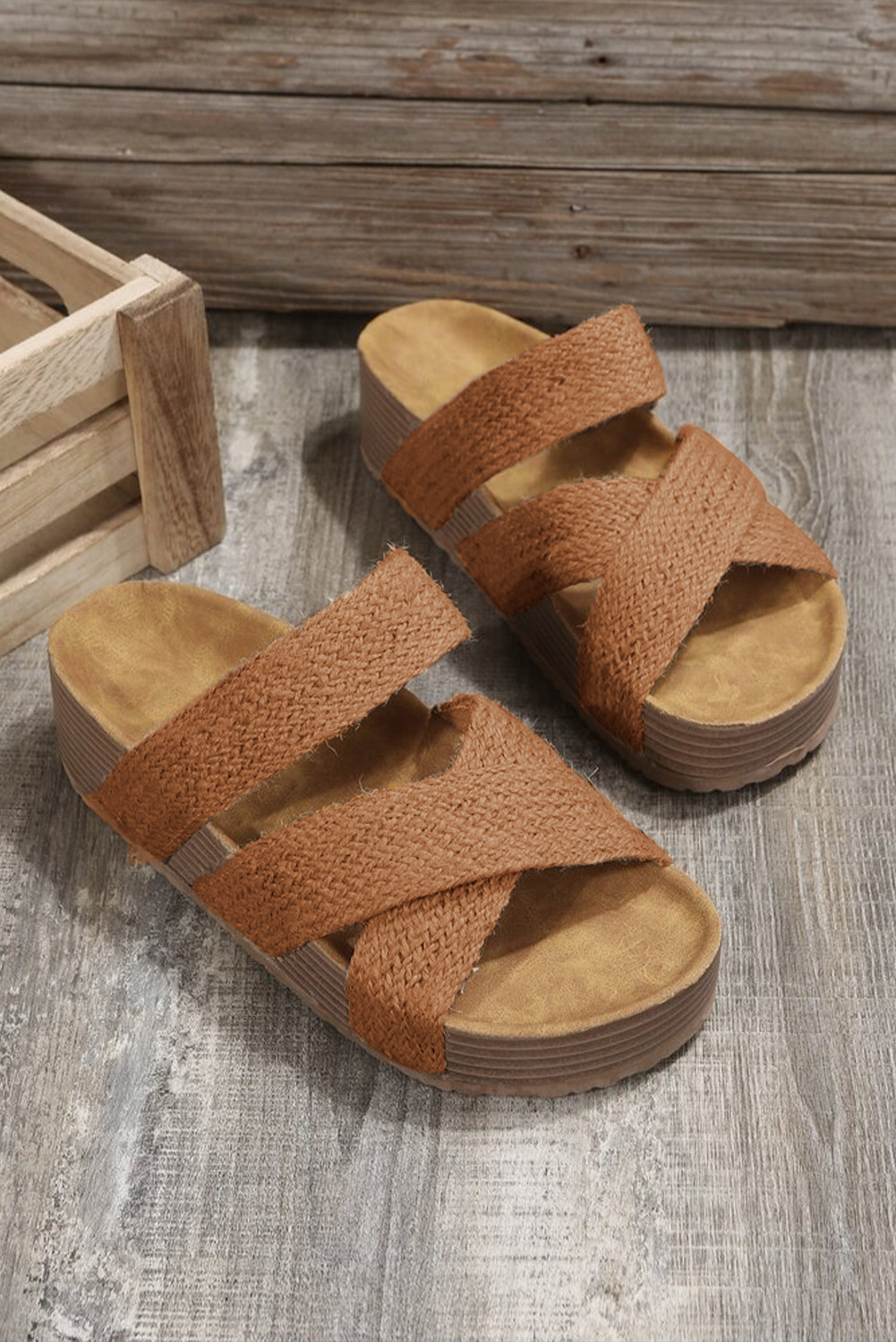 Brown Woven Cross Criss Hollowed Slip-On Slippers - loveforevers