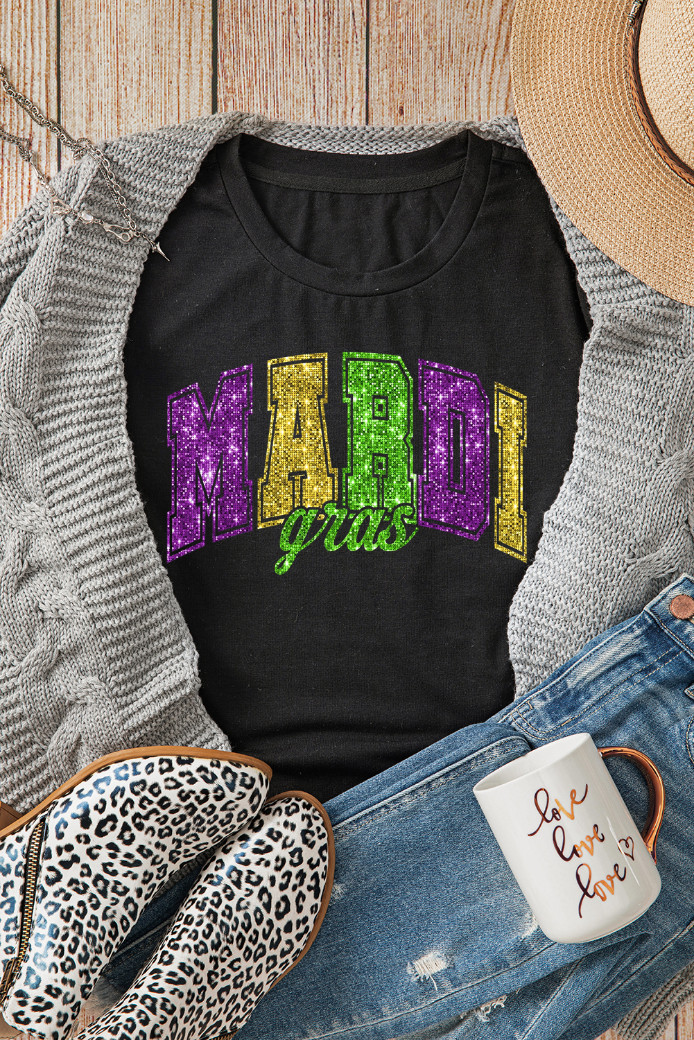 Black Mardi Gras Heat Transfer Graphic Holiday Tee - loveforevers
