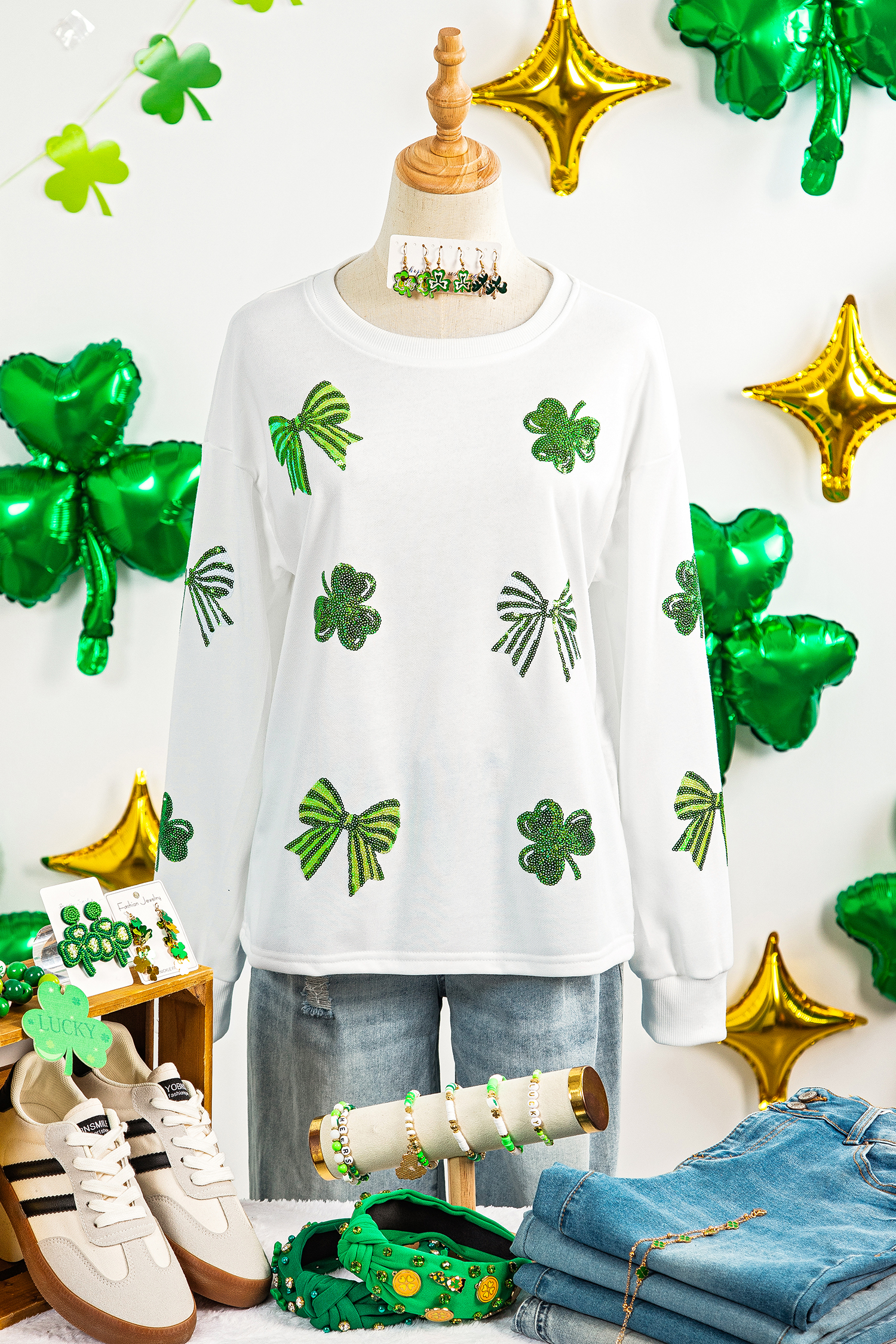 White LUCKY Clover Embroidered Long Sleeve Top - loveforevers