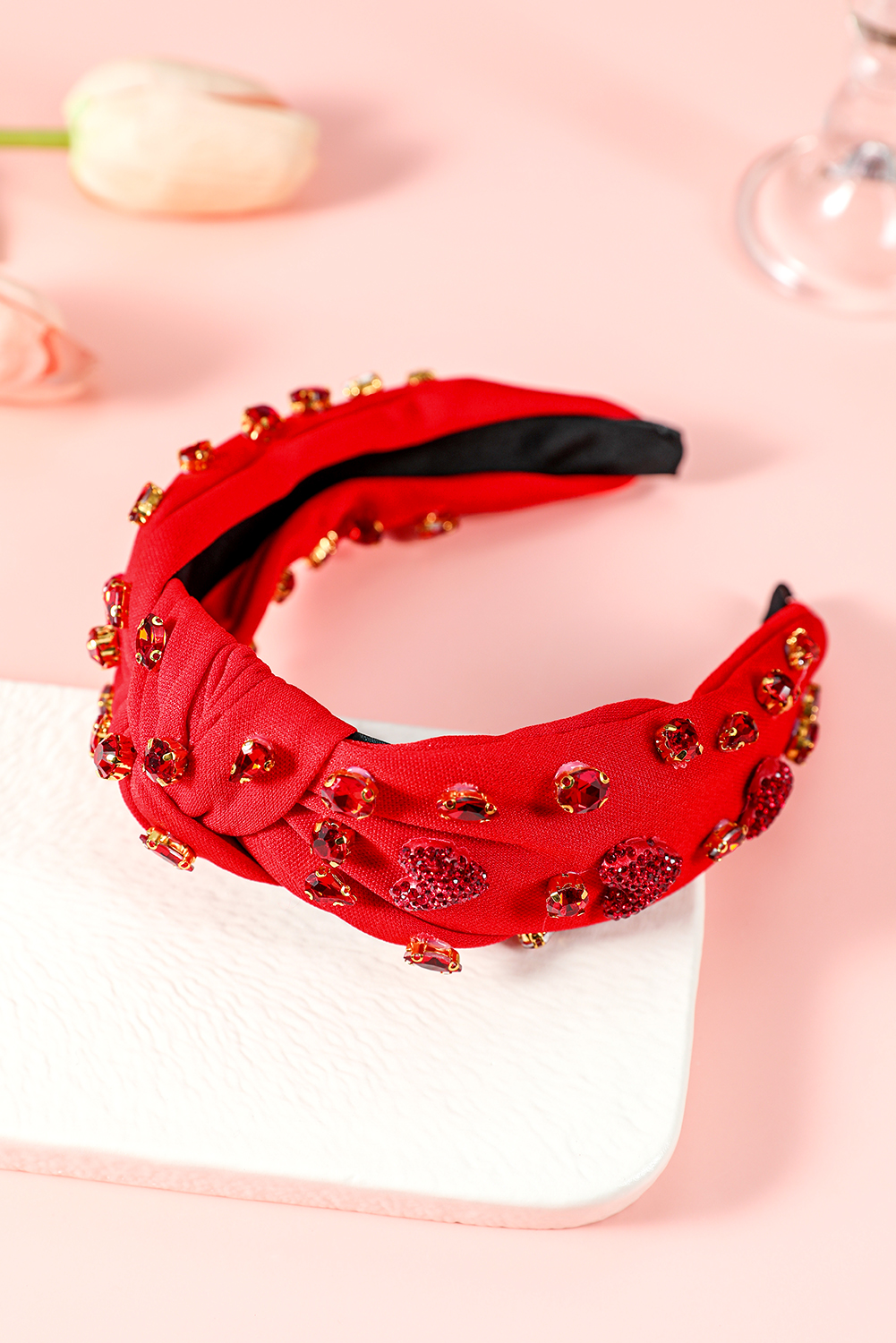 Fiery Red Rhinestone Heart Glass Drill Studded Knotted Wide Headband - loveforevers